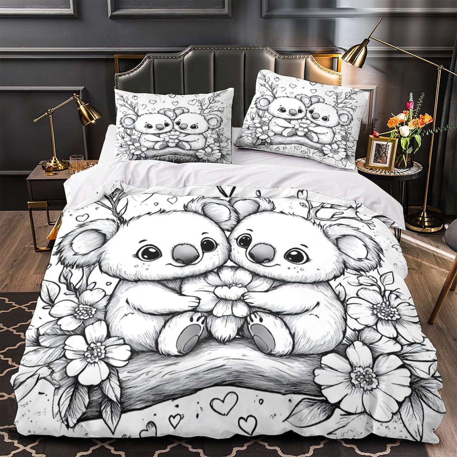 Süßes Koala-Pärchen 3D-Bedruckt 3er-Set Steppbezug Cartoon-Tierillustration Bettbezug Mikrofaser Hypoallergen Atmungsaktiv für Kinder Jugendliche Erwachsene Super King（260x220cm）