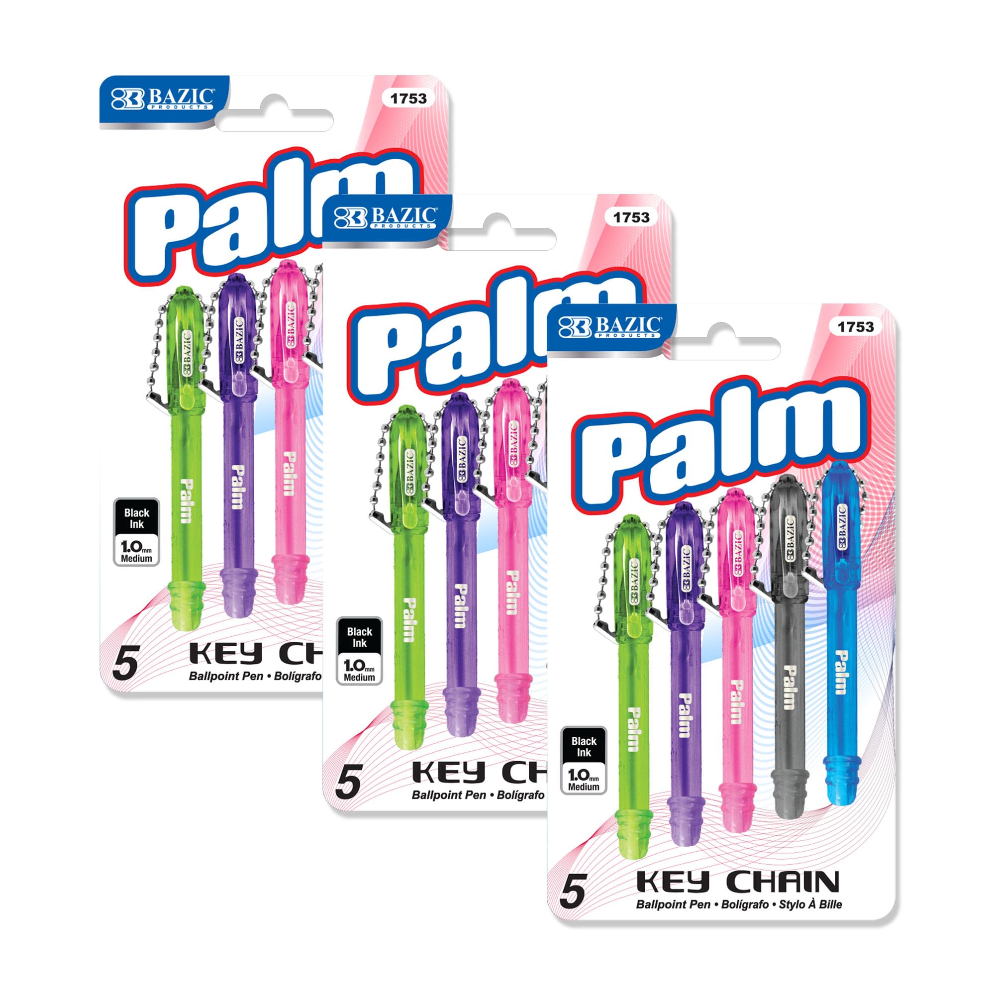 BAZIC Products Ballpoint Pen Palm Mini Pens w/Key Ring, Black Ink 1.0 mm Bold Point Smooth Writing, for Office School Teacher (5/Pack), 3-Packs