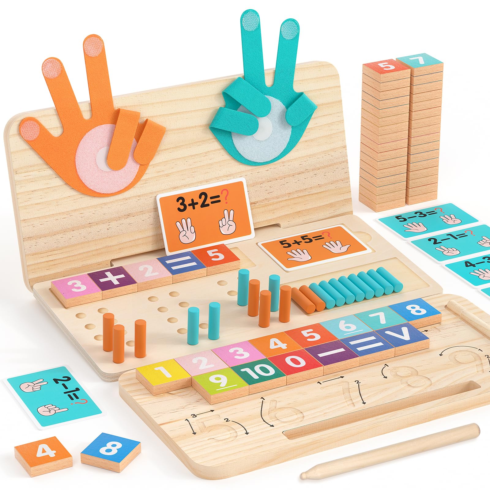Montessori Math Learning Toy – Number Blocks, Counting Sticks, Tracing Board & Finger Counting, Educational Preschool STEM Sensory Toys for Toddlers, Birthday Gift for 2 3 4 5 Year Old Boys Girls Kids