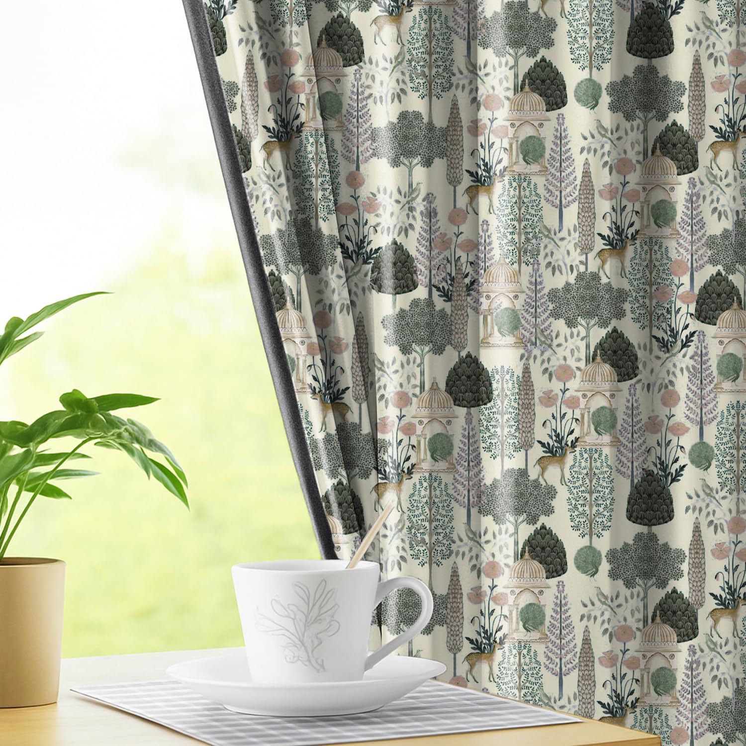 LINENWALAS Pichwai Printed 100% Blackout Curtains for 7 Feet Door Set of 2 Panels, Thermal Insulated, Noise Reducing Luxury Drapes, Heritage Art Inspired Premium Curtains for Living Room (Beige)