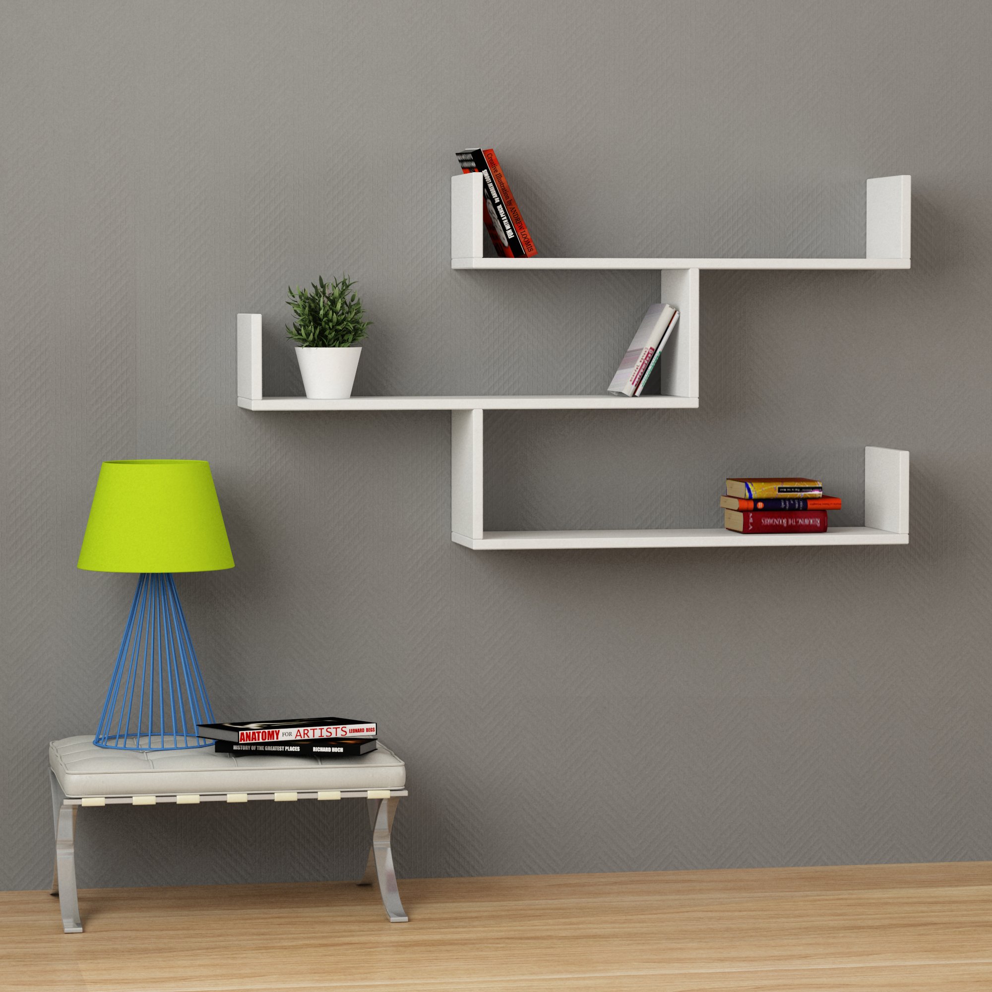 3 Tier Wall Shelf, Modern Design, 3 Piece Floating Shelf, Many Colour Options, Easy to Assemble, Living Room Office Storage - 119x 66.5x22cm (White)