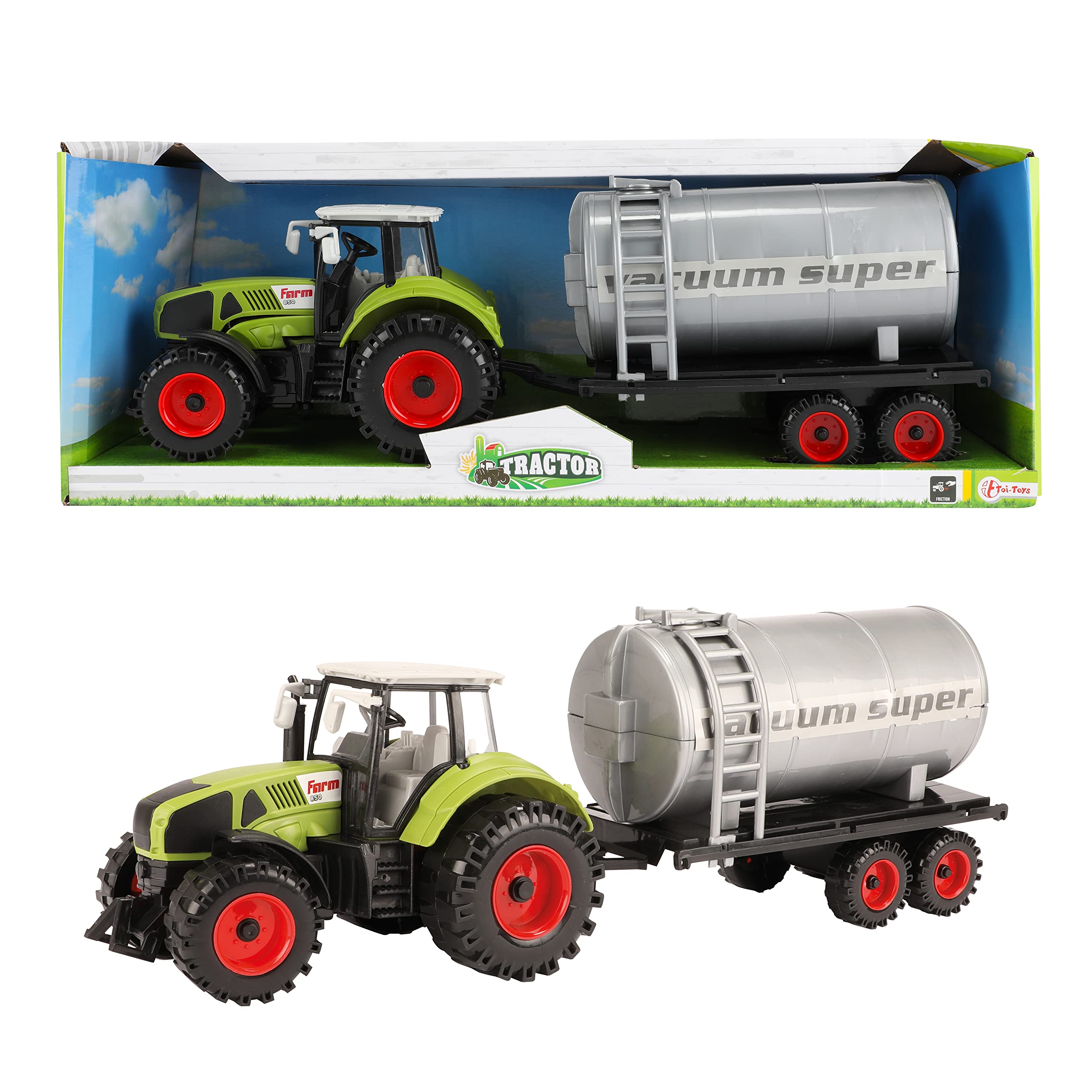 Toi-Toys Spielzeug Traktor mit Wassertank – Kindertraktor mit Anhänger – Spielzeugauto Bauernhof