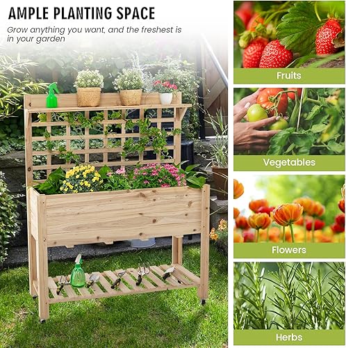 Miniatura 8 de S AFSTAR Cama de jardín elevada con enrejado 415 x 16 x 54 pulgadas con ruedas forro de cama estantes de almacenamiento superiorinferior soporte de