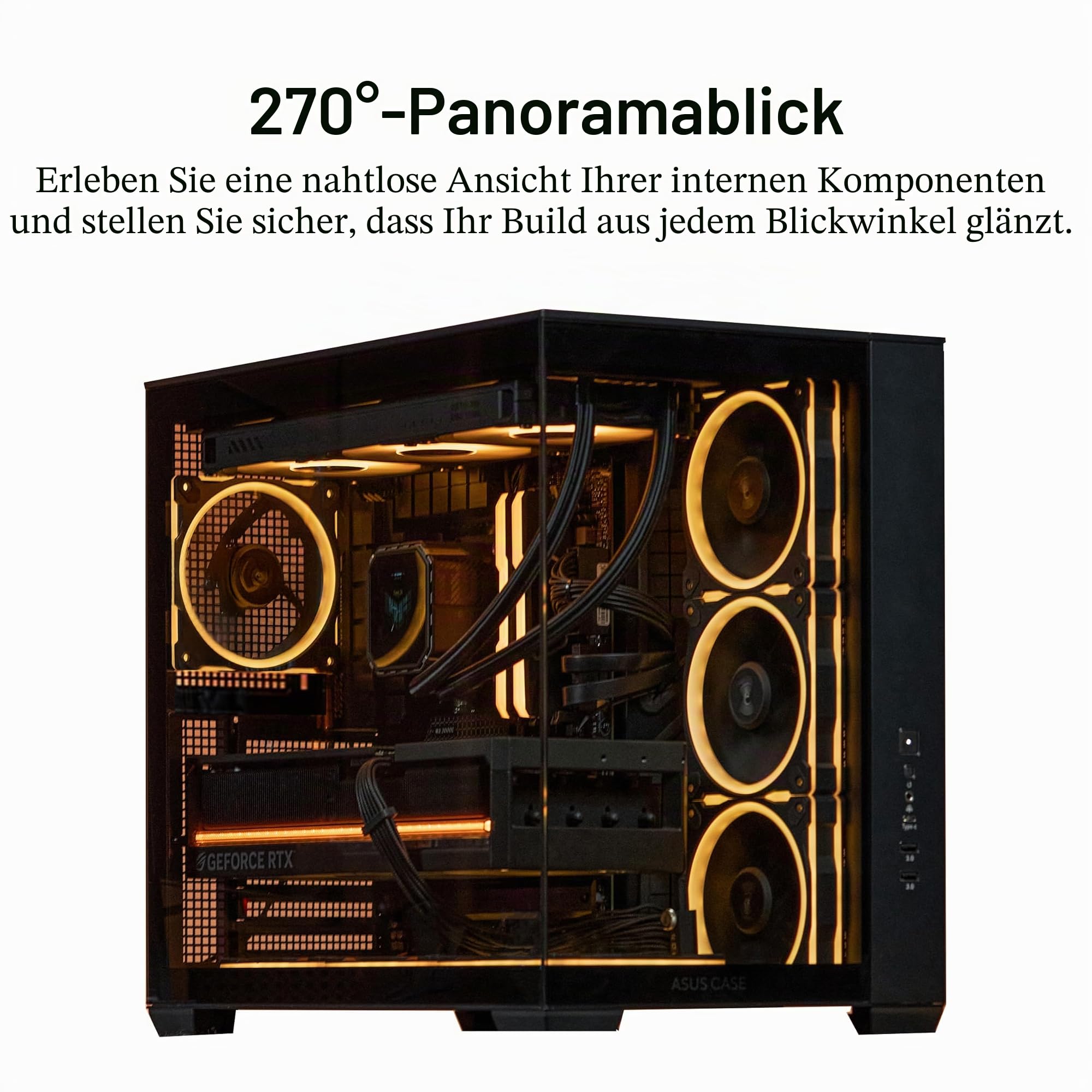 ASUS A32 Plus Black ATX-PC Gehäuse | Schwarz | vorinstallierte ARGB-Lüfter, Panorama-Design, Glas Frontpanel, kompatibel mit 360mm-Radiatoren & 420mm-Grafikkarten, USB C