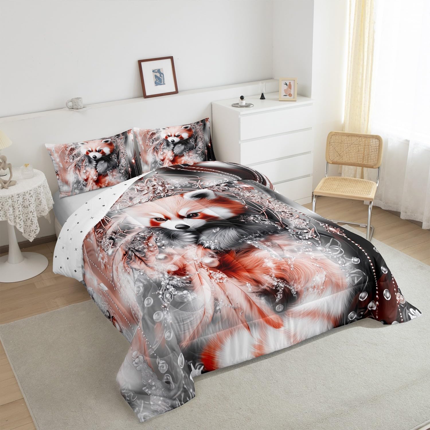Erosebridal Cute Red Panda King Comforter Set Boho Dream Catcher Bedding Set Kawaii Wildlife Animal Down Comforter for Kids Girls Boys Teen,Exotic Bohemian Dreamcatcher Quilt Set