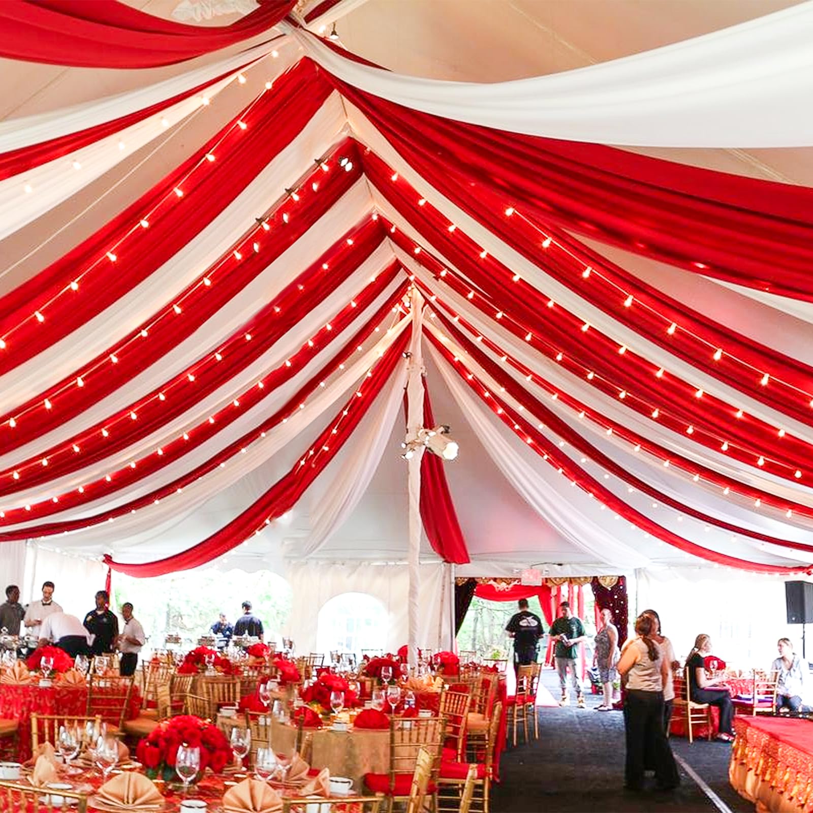 6 Panels Red Ceiling Drapes for Wedding 5ftx30ft Chiffon Fabric Arch Draping Curtains Sheer Drapery for Party Ceremony Birthday Baby Shower Reception