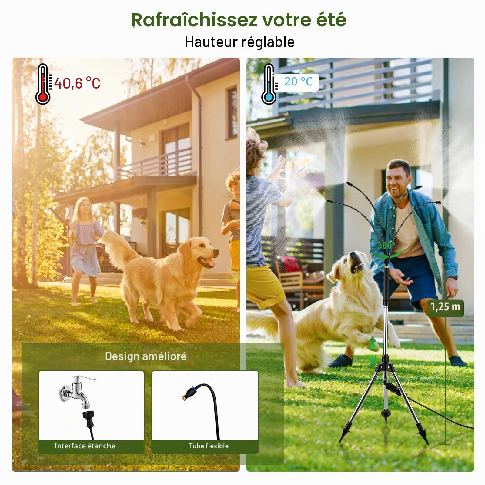 Brumisateurs Debout pour terrasse extérieure – Système de brumisation Portable réglable de 1,2 m pour l'extérieur, 9,1 m, Longue Ligne d'eau pour Jeux de Brume, Refroidissement de terrasse, Jardin