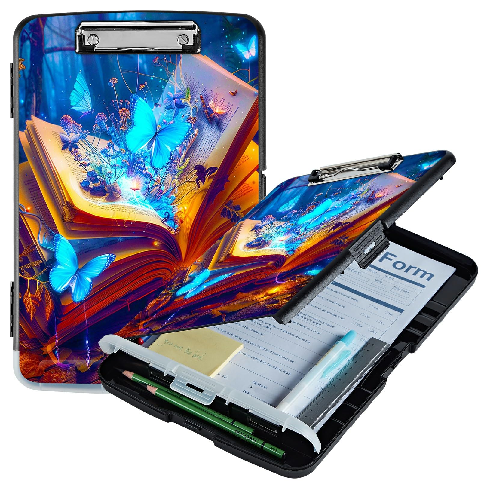 RWUTYTIUL Book Blue Butterfly A4 Clipboard with Storage Pen Holder, Clipboards Organizer Nursing Clipboard Foldable File Folder Plastic Clipboard Folio Clip Board for Office Students Classroom Doctor — image 1