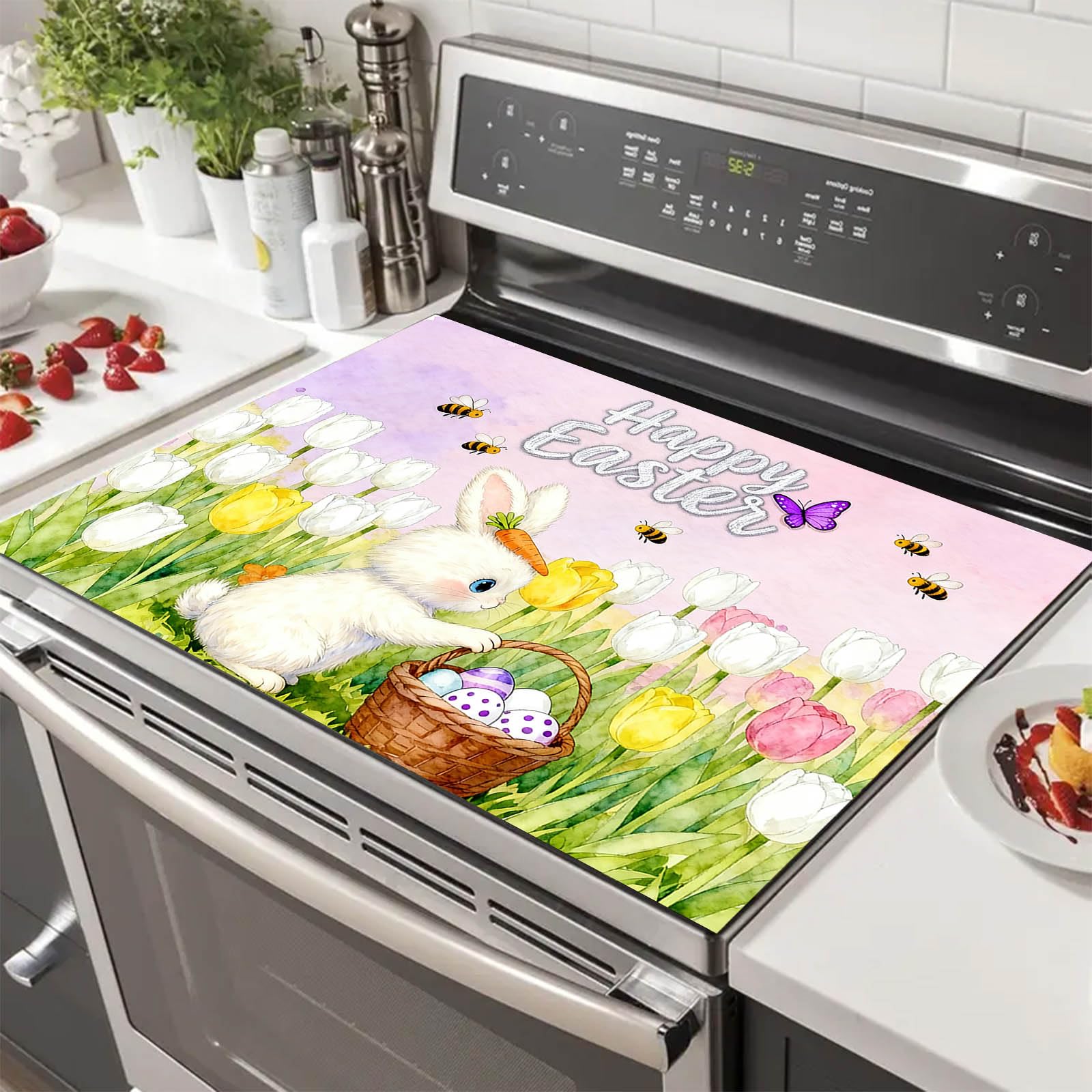 HOMETITUTE Easter Bunny Stove Top Cover 28x20 Basket Egg Tulip Heat Resistant