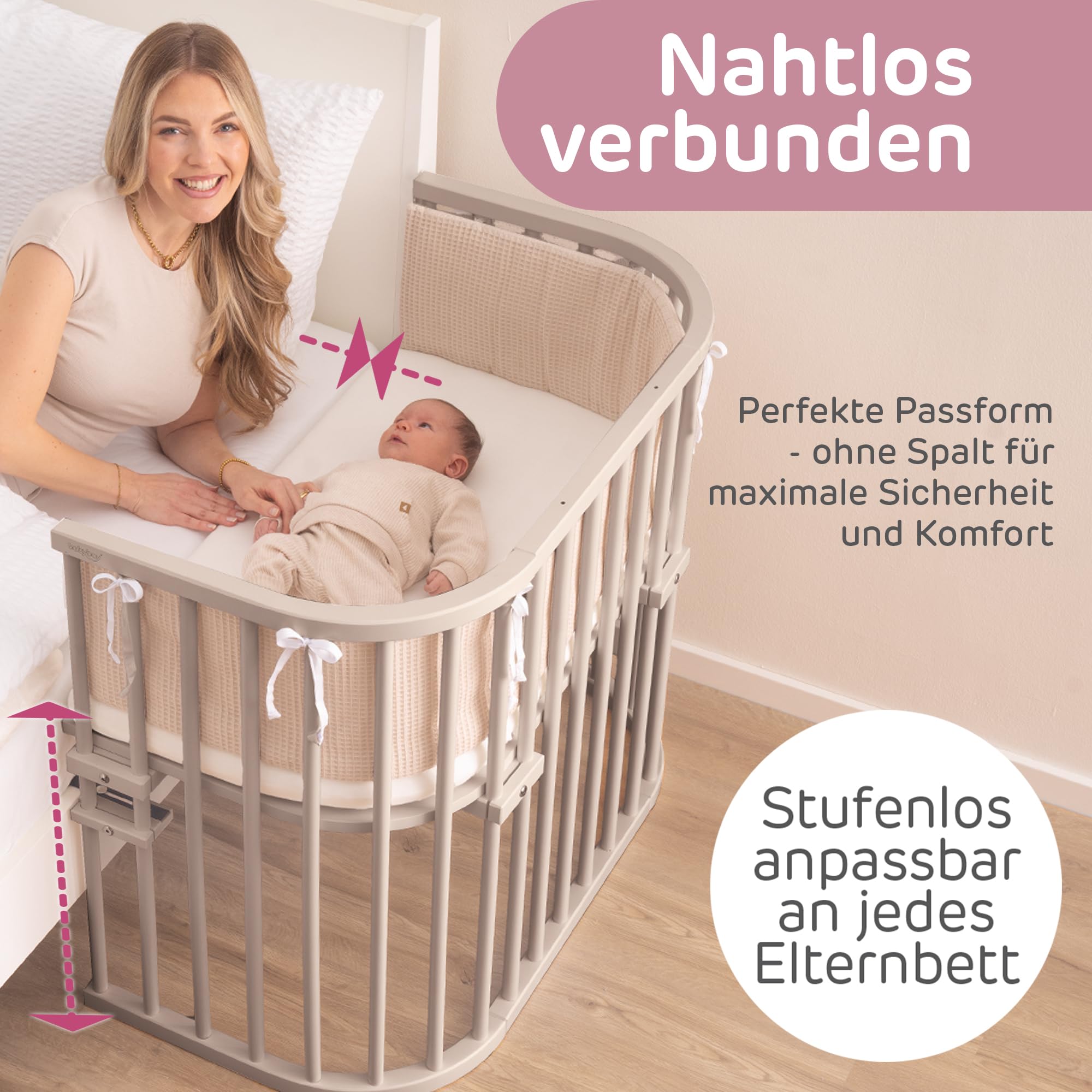 babybay Maxi bardzo duże łóżko dostawiane z litego drewna bukowego/łóżko dziecięce, wysokość regulowana bezstopniowo i przyjazna dla środowiska, z materacem Classic Soft (beżowe lakierowane)