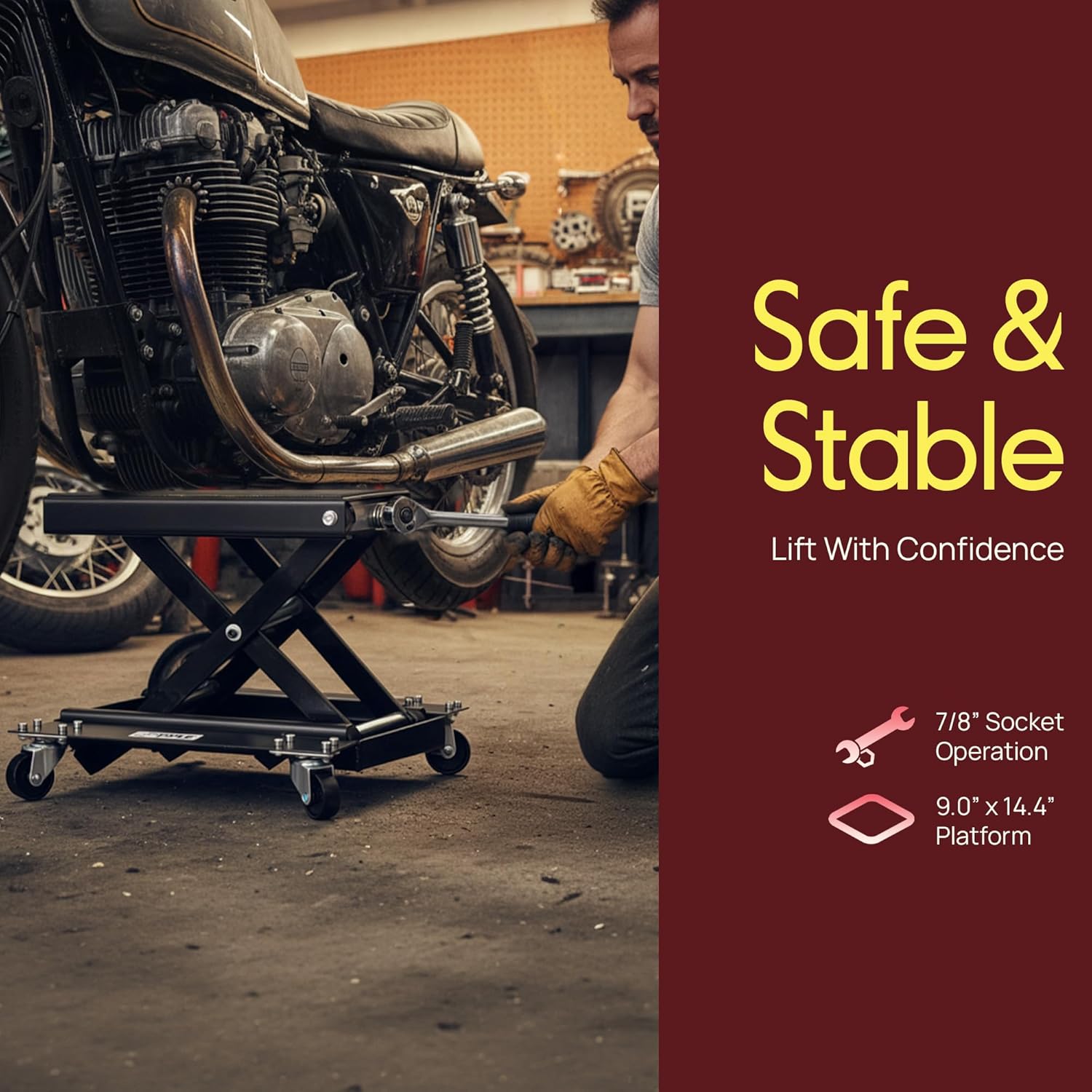 Pyle Motorcycle Lift, Scissor Jack, Dolly, Heavy Duty Steel, 1100 lbs Capacity, Black Powder Coat, Anti-Skid Rubber, Collapsible, Portable, Includes 4 Caster Wheels, Easy Storage, PLMOTJC11