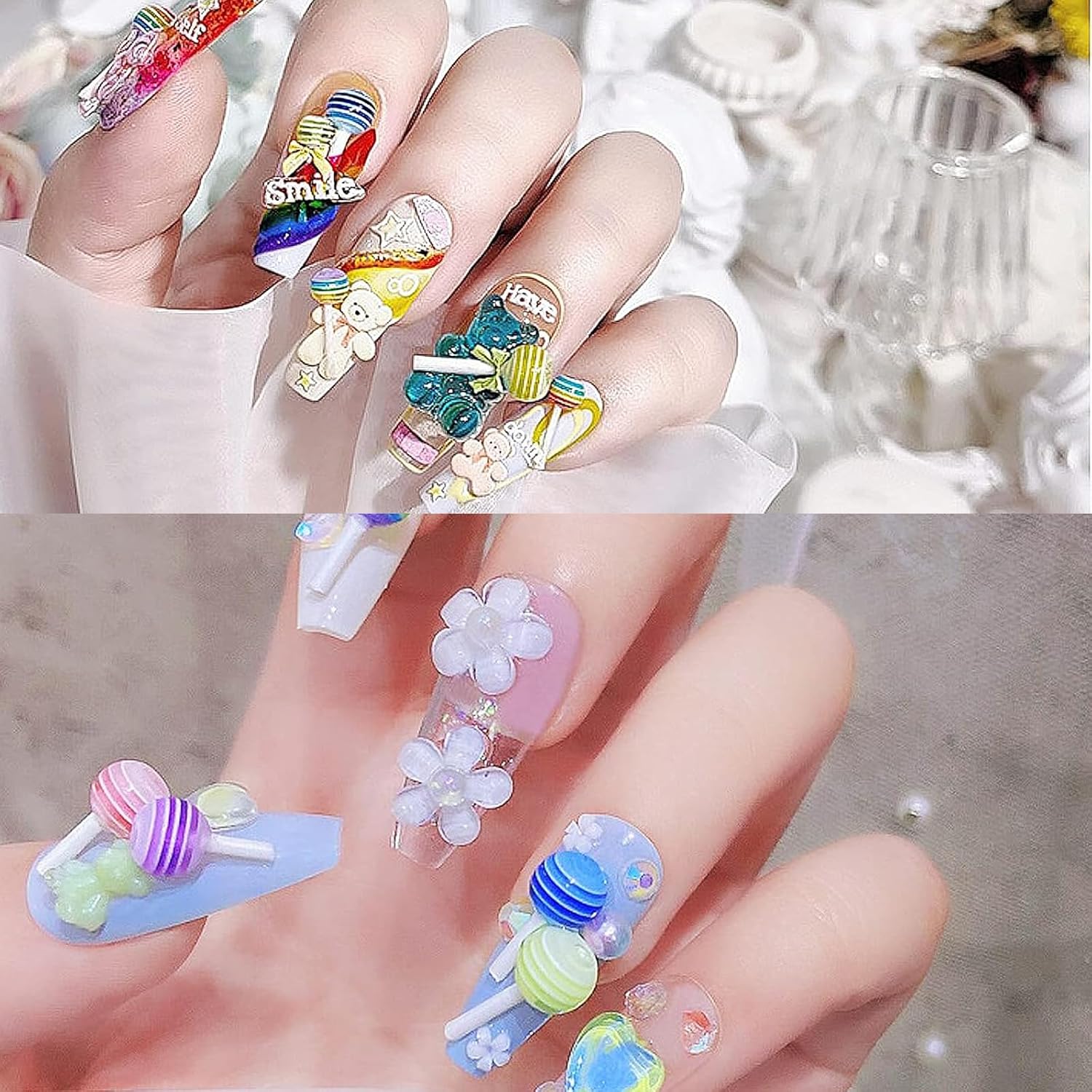 CESUSME 3D Bear Candy Nail Charms, Assorted Color Lollipop Flower Butterfly Chams for Acrylic Nails, Cute Bow Heart Cartoon Nail Art Charms for Nail Art DIY Accessories