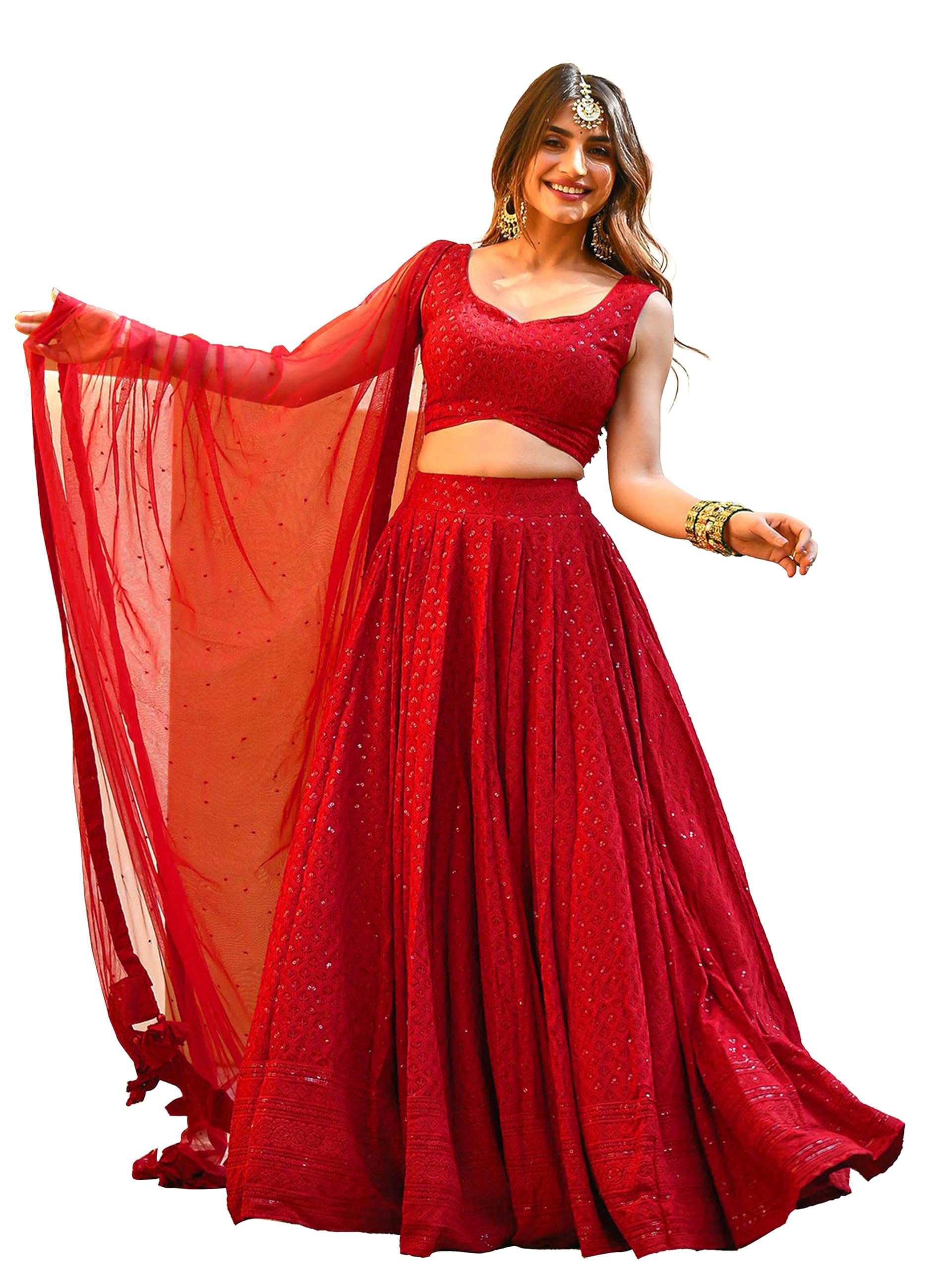 trendmalls Women's Red Georgette Embroidery Sequence work Lehenga Choli with Dupatta For Women (L326-Red-SemiStitch)-picture-27