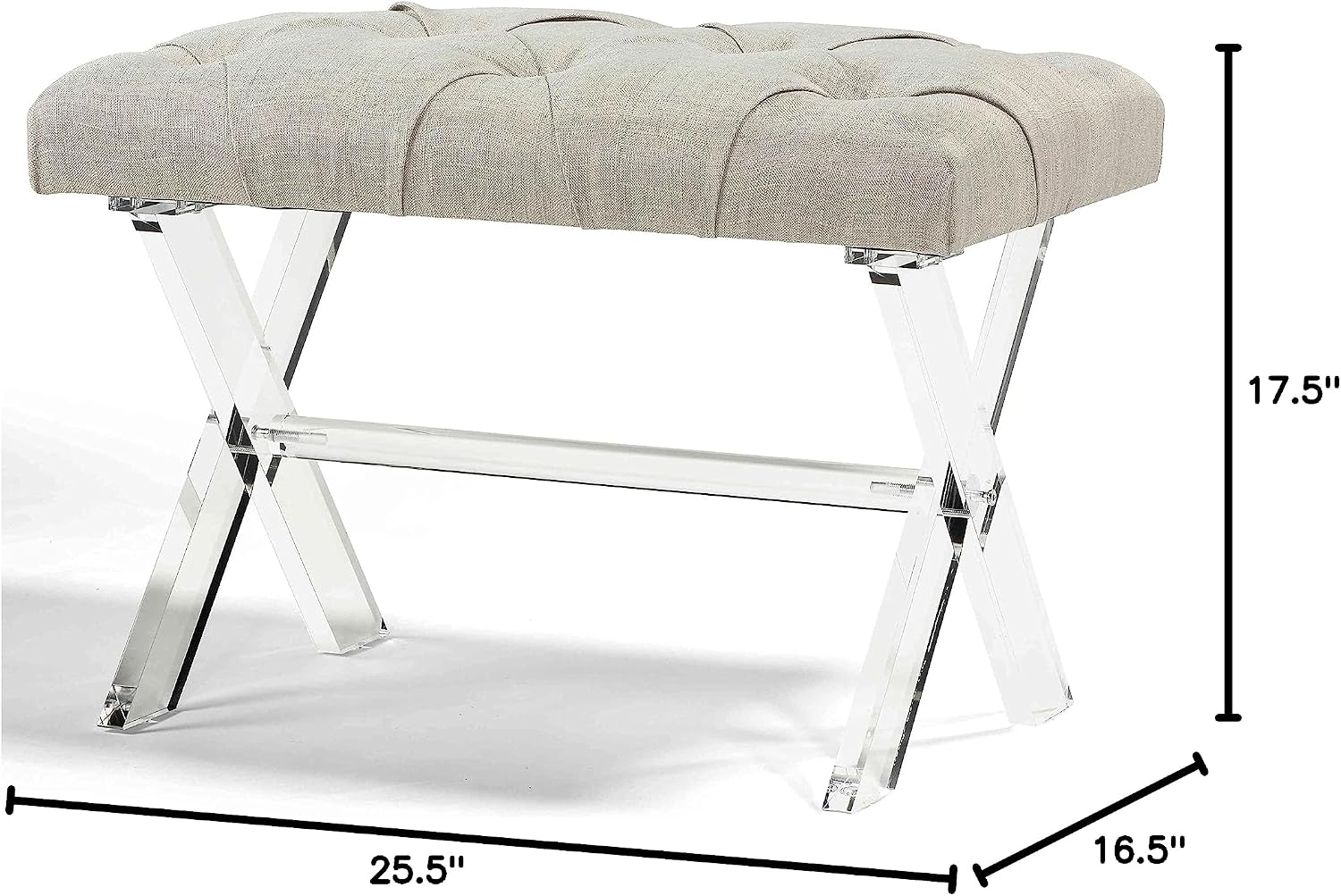 Cortesi Home Shayna X-Bench Ottoman with Clear Acrylic Legs, Grey Linen