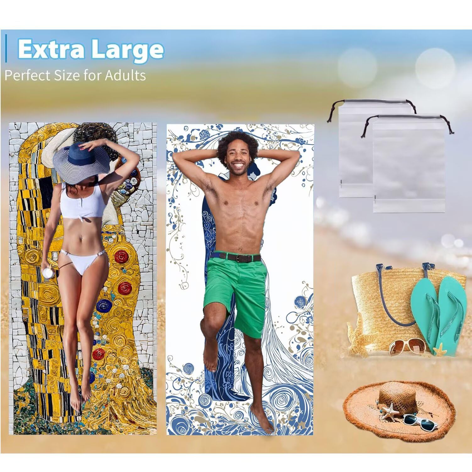 Ręcznik plażowy xxl, 2 szt. całowanie par ręcznik z mikrofibry 90 x 200 cm, duży lekki i szybkoschnący ręcznik plażowy nadaje się do sauny, dla mężczyzn, kobiet akcesoria plażowe n-817