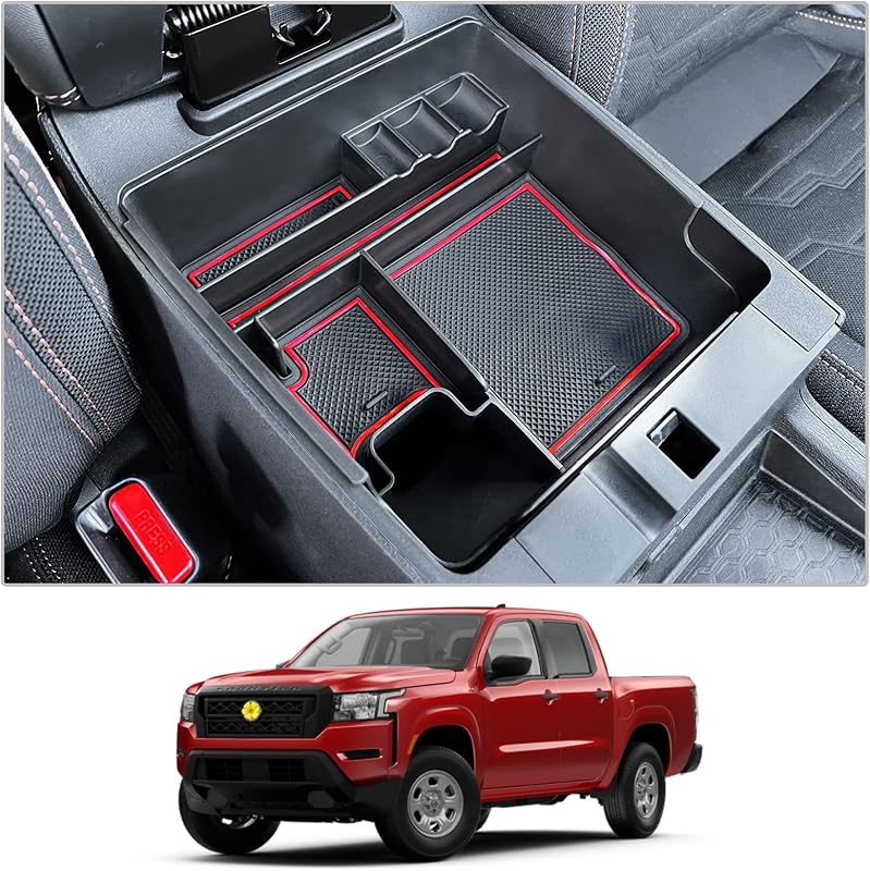 Organizador de Console Central CDEFG para Nissan Frontier 2022–2026, Bandeja com 2 Compartimentos e Tapetes Antideslizantes, Vermelho