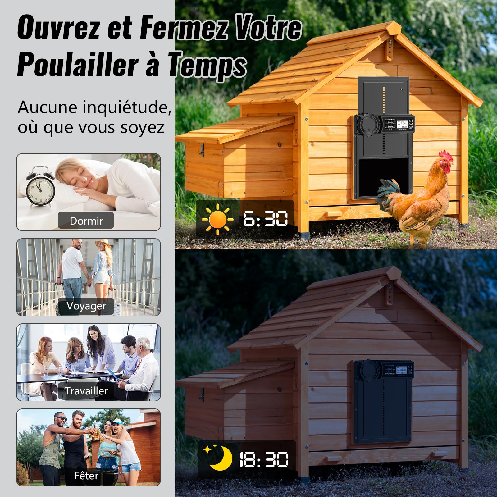 Porte Poulailler Automatique avec Écran LCD Programmable Étanche, Porte Automatique Poulailler en Alliage d'aluminium, Alimenté par Batterie, Commande de Minuterie, Fonction Anti-pincement