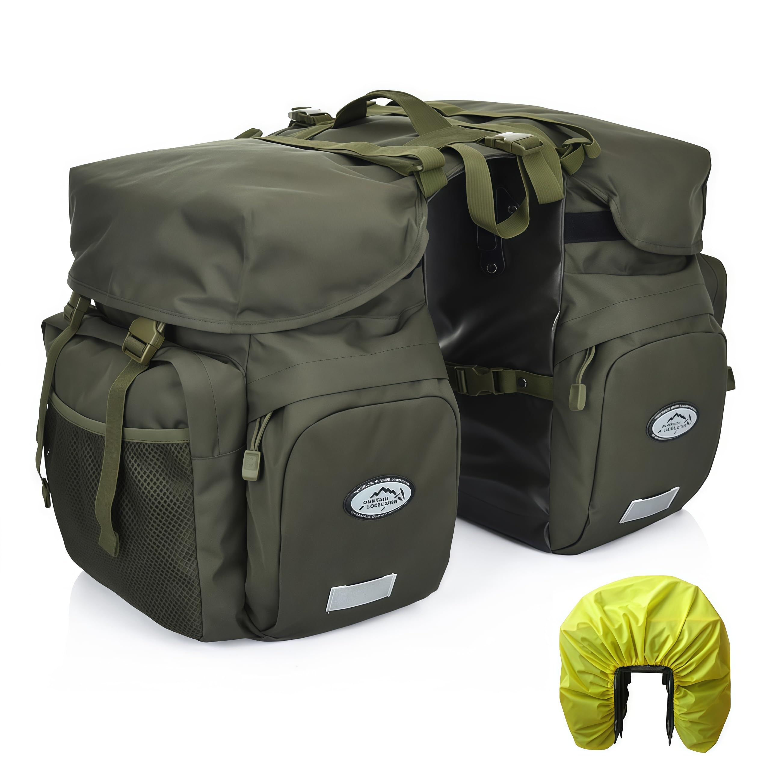 50L Satteltaschen für Fahrrad Gepäckträger Wasserdicht, Double Bike Bag Taschen Einstellbare Große Kapazität Polyester Fahrradtasche Reflektierende Bänder Fahrradgepäckträgertaschen Hinten,Army green