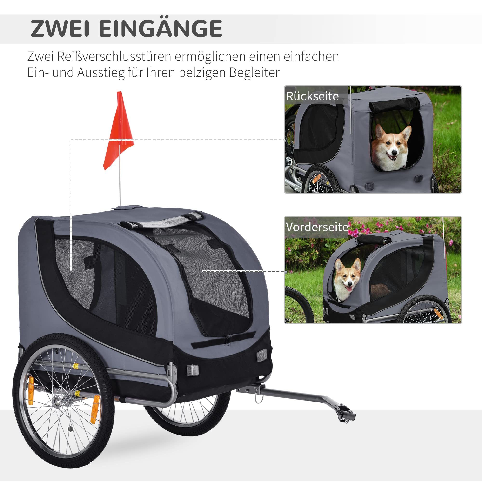PawHut Hundeanhänger Fahrradanhänger für Hunde Hundefahrradanhänger mit Sicherheitsreflektoren, Universal-Fahrradkupplung, Rote Fahne, Hundetransporter bis 20 kg