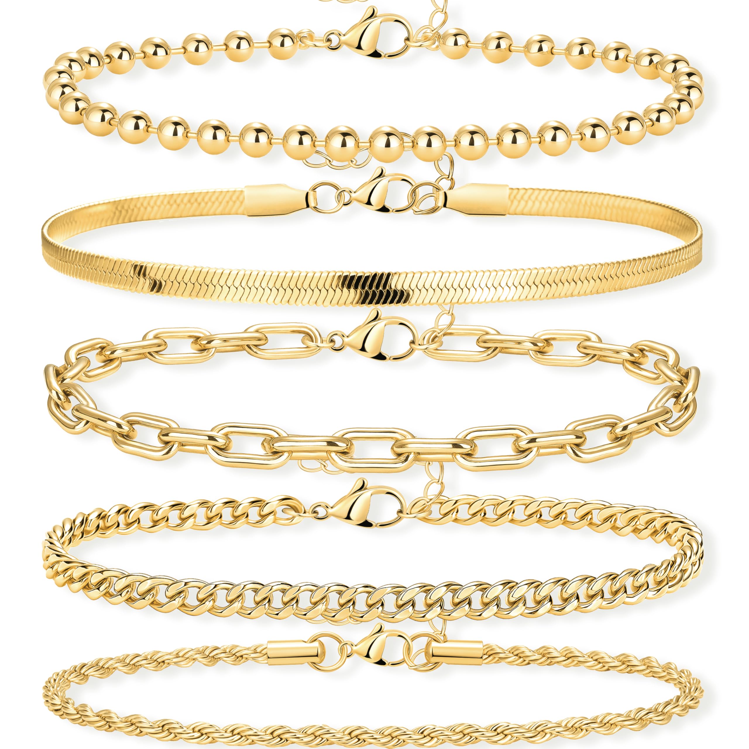 Gold Bracelets for Women, 14K Real Gold Ornate 7"+2" Adjustable Multi-layer Trendy Bracelets Set for Women Waterproof Including Beads, Cuban, Paper Clip, Snake, Rope, Figaro,, One Size, Copper