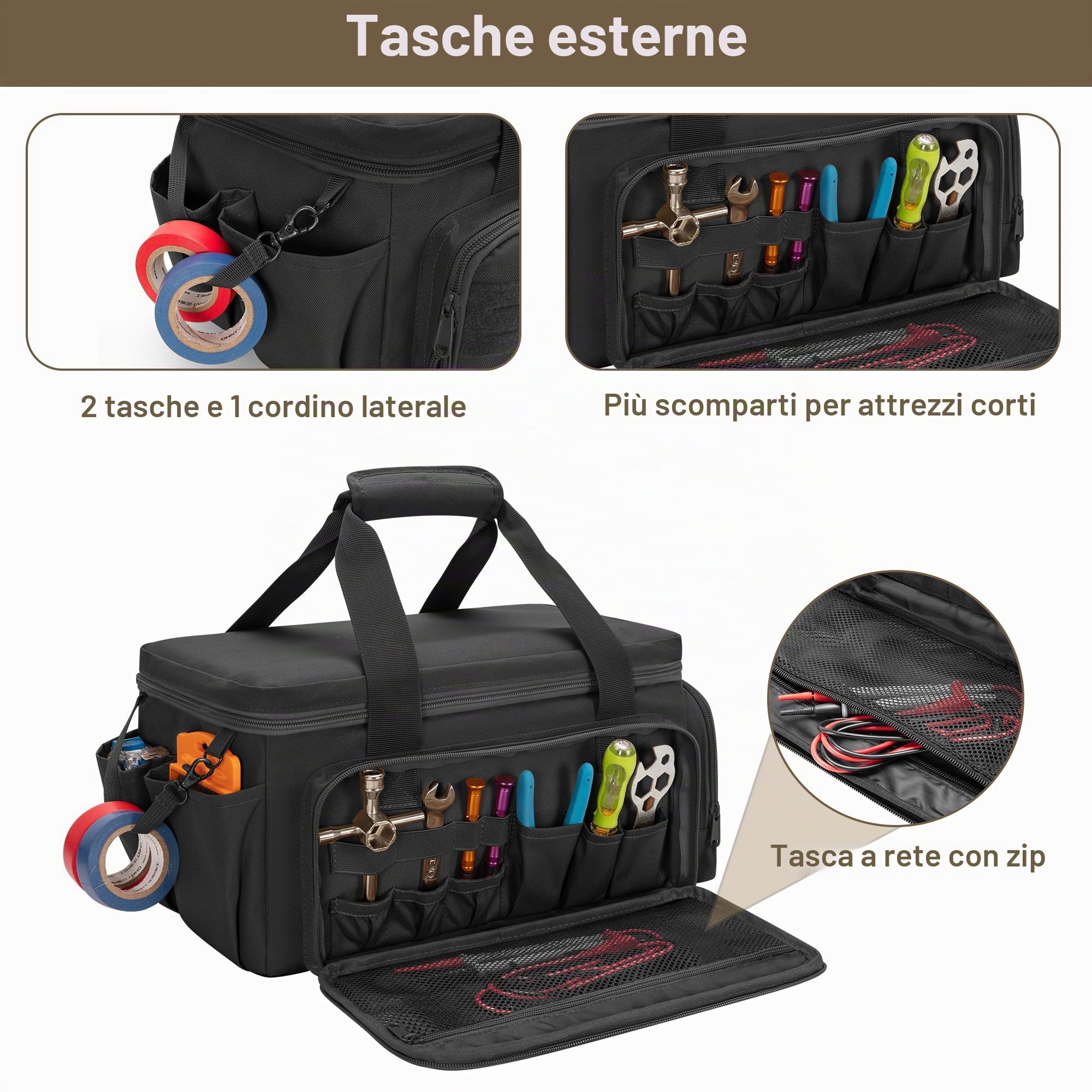 Rexmica 36cm Borsa Portautensili, Borsa Attrezzi Manuale da Uomo, Nero | Organizer Portautensili Elettricista, porta Attrezzi da Lavoro Multiuso per Riparatore, Falegname, Tuttofare