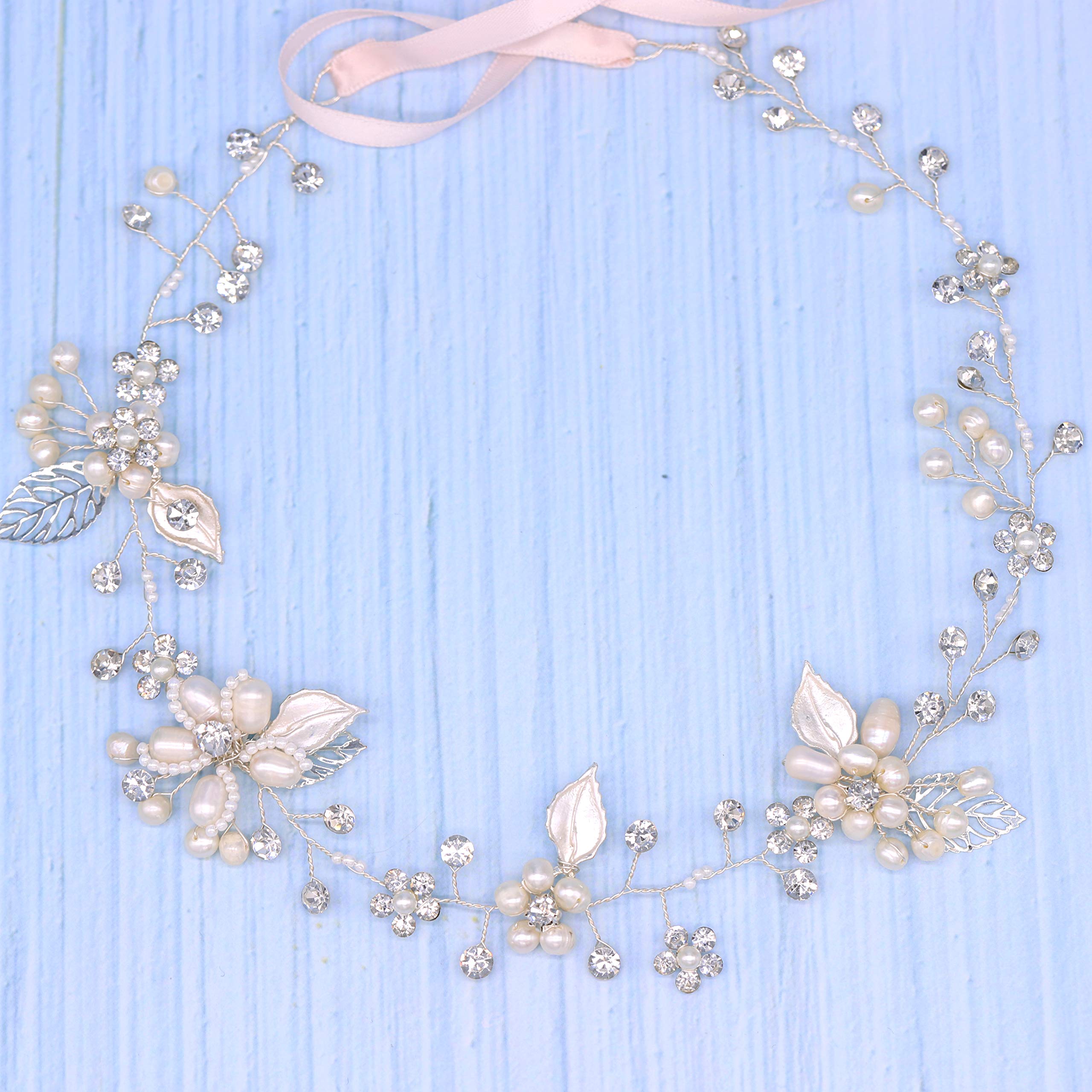 Oriamour Brautschmuck Kristall Stirnband mit Süßwasserperlen Blume Design Hochzeit Haarschmuck