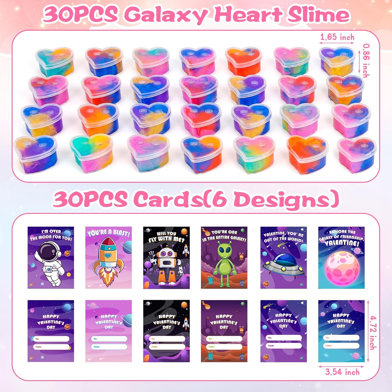 30 Pack Valentines Day Gifts for Kids Classroom, Galaxy Slime Valentines for Kids with Valentine Day Cards for School, Class Valentine's Day Exchange Party Favors