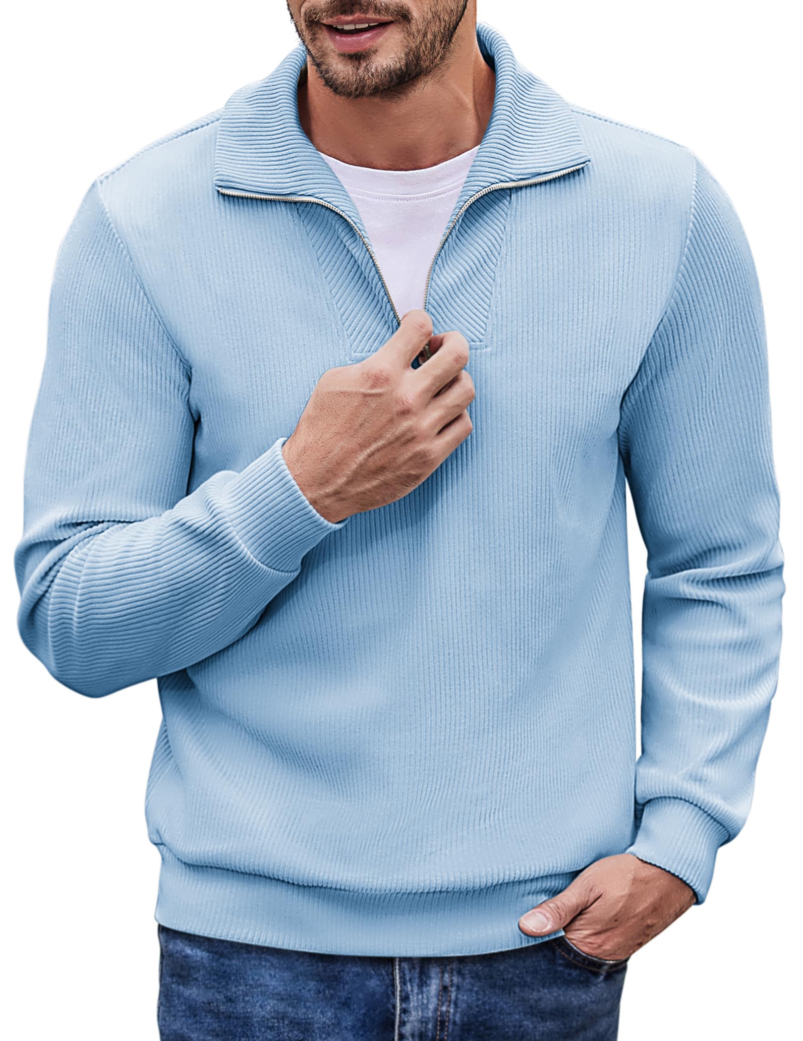 Men's Soft Quarter Zip Pullover Mock Neck Corduroy Sweatshirt