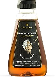 Honeylicious Greek Honey 16 Oz - Pure & Organic Raw Honey | Cretan Island Wildflower Honey with Organic Thyme, Pine Tree and Wild Herbs | Unpasteurized Raw Organic Honey in Squeeze Bottle (468g)