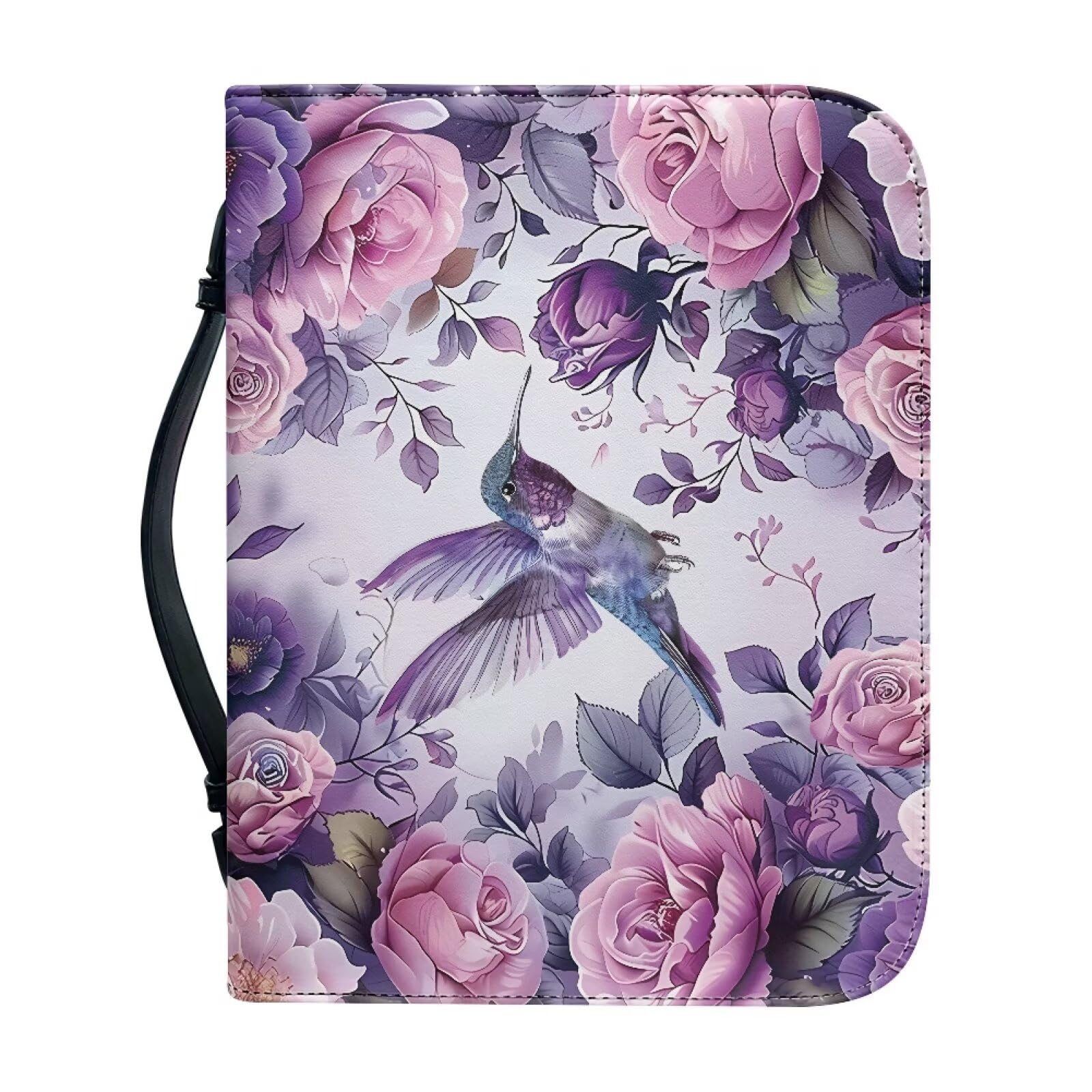 Kuiaobaty Hummingbird Floral Bible Cover Case for Women, Purple Book Cover PU Leather, Floral Tote Book Holder for Womens