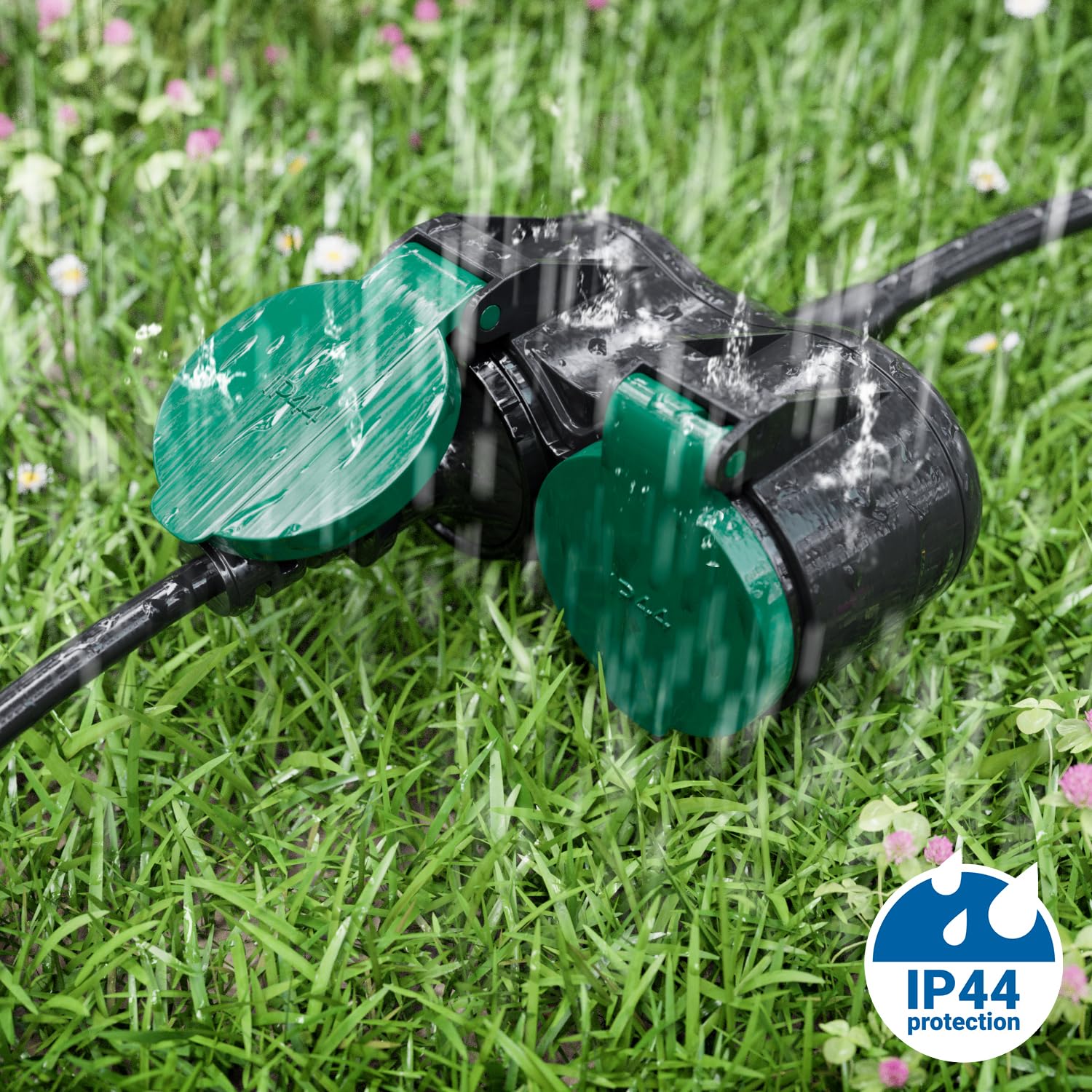 deleyCON 2m Câble Rallonge Extérieur Électrique IP44 (H07RN-F 3G1.5mm²) Câble D’Alimentation en Caoutchouc Résistant aux Intempéries - Fiche avec Contact de Protection vers 2 Prises - Noir