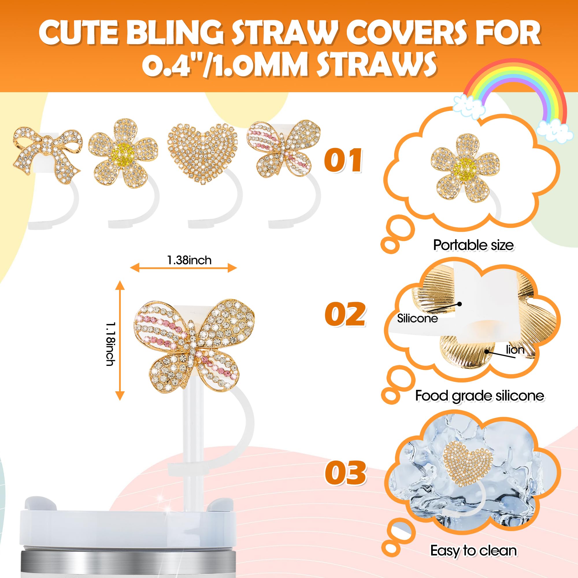 Odiwellan Bling Straw Cover Cap for Stanley Cup 30&40 Oz - 4PCS 10mm Silicone Straw Topper Lids Protectors and Matching Chain Charms Tumblers Accessories (Flowers and butterflies)