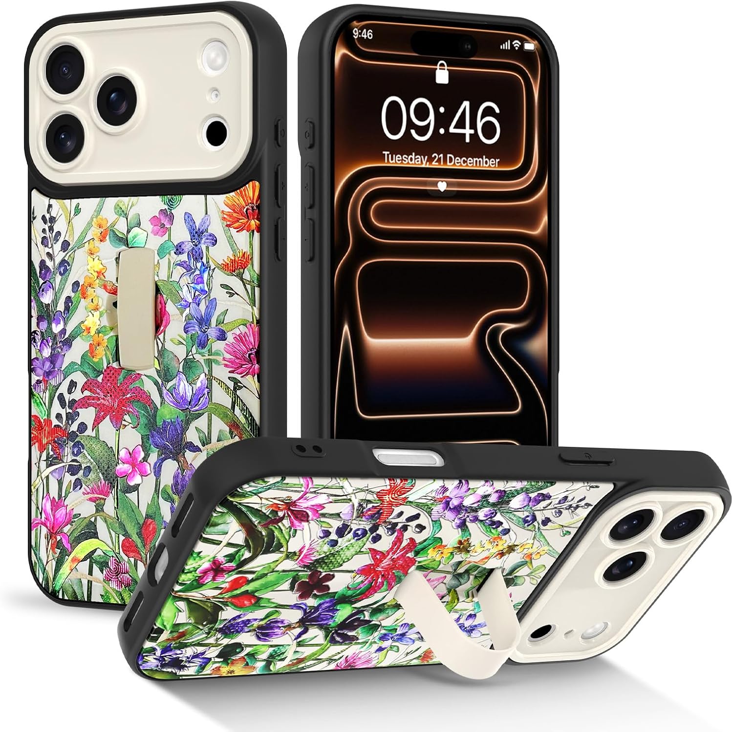 tharlet for iPhone 17 Pro Max Case with Screen Protector(6.9"), with Finger Hand Strap Kickstand, Pink Flowers Sparkling Design, Full Camera Protection Cover, Glitter Pink Flower