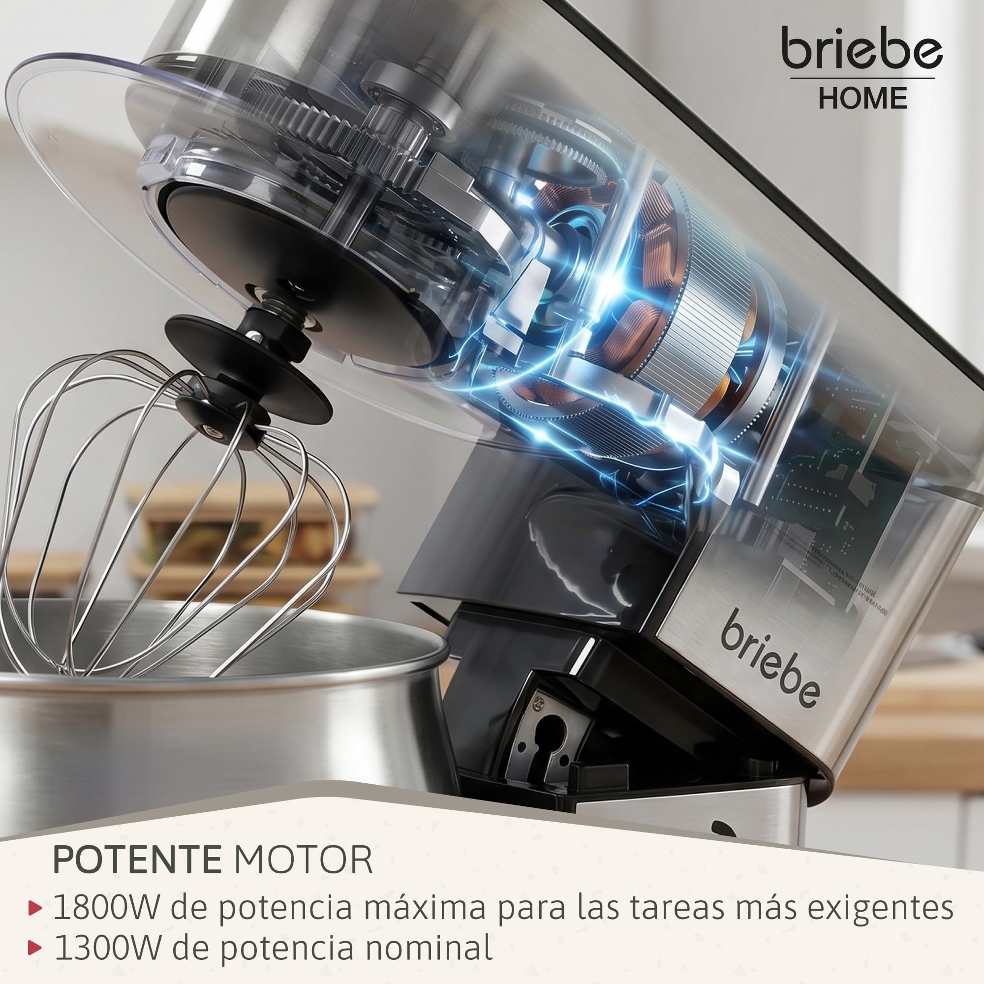 briebe Batidora Amasadora Repostería 1800W MAX, Robot Cocina Profesional, Movimiento Orbital, Varillas, Gancho Masa, Pala Mezcladora, 5 L, 6 Velocidades + Función Pulso, Inox KM1114