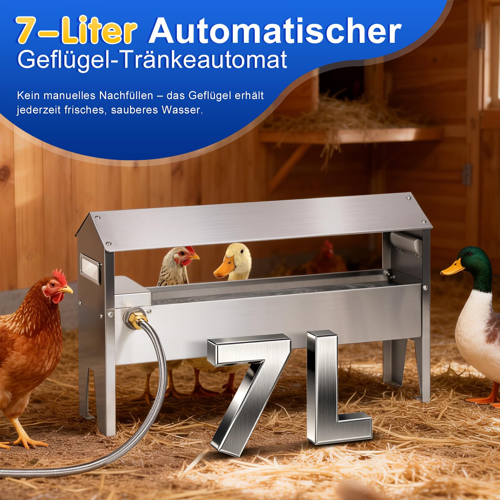 7L Hühnertränke Edelstahl,Schwimmer Geflügeltränke,Tränke Geflügel mit 1/2 Zoll Schwimmerventil für Hühner,Hühner Wasserspender,Wassertränke Hühner Edelstahl für Enten,Gänse,Tauben,Langlebig
