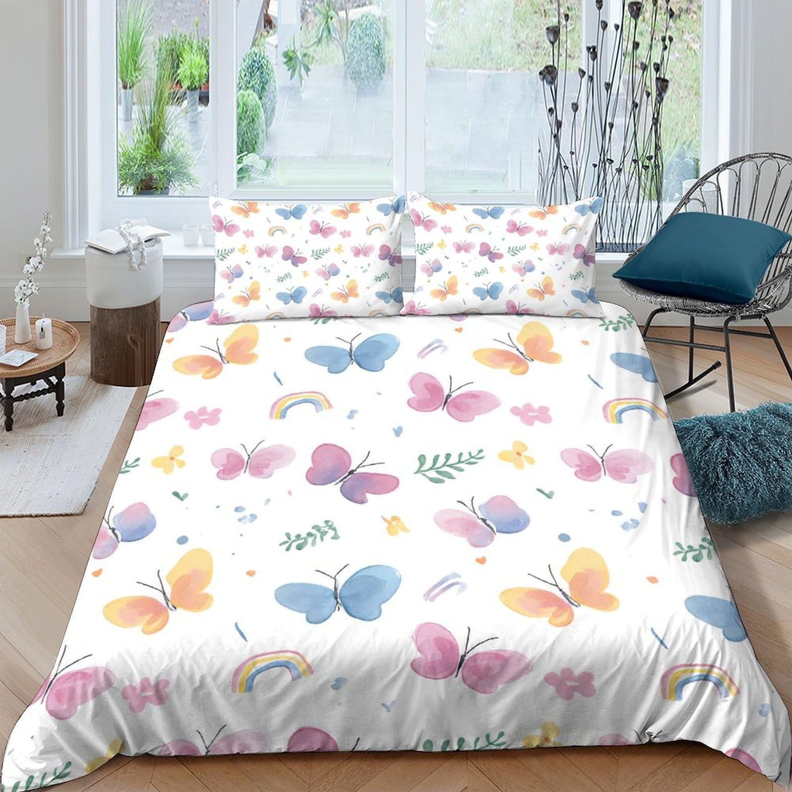 GPLZQXKJNH 3D Printed Colorful Butterfly Duvet Cover Microfiber Soft Breathable Rainbow Bedding Set with 2 Pillowcases for Bedroom Decor Single（135x200cm）