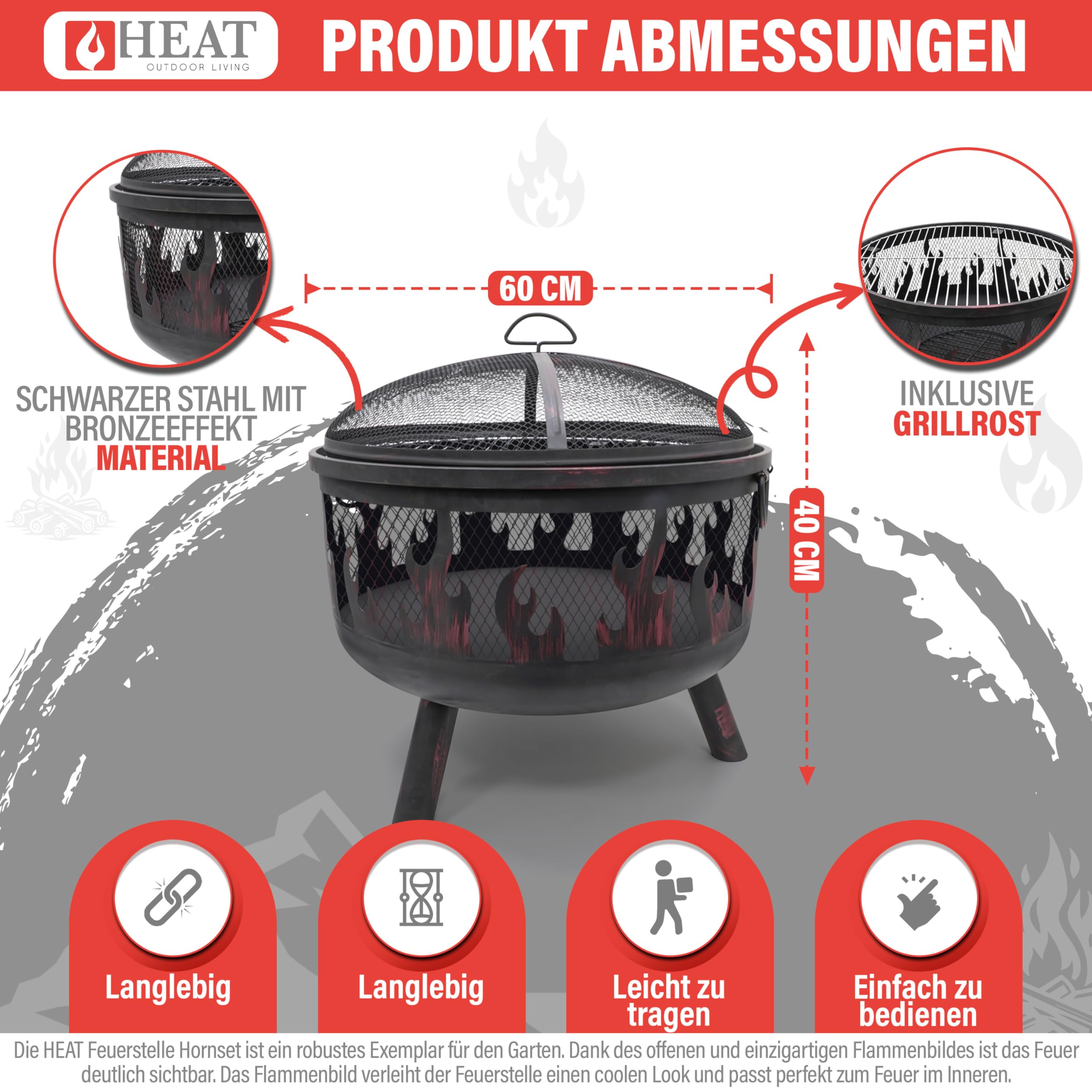 Feuerkorb Hornset - Feuerkorb für den Garten - mit Funkenschutz und Grillrost - Feuerschalen & Feuerkörbes - Feuerstelle Outdoor auf Beinen