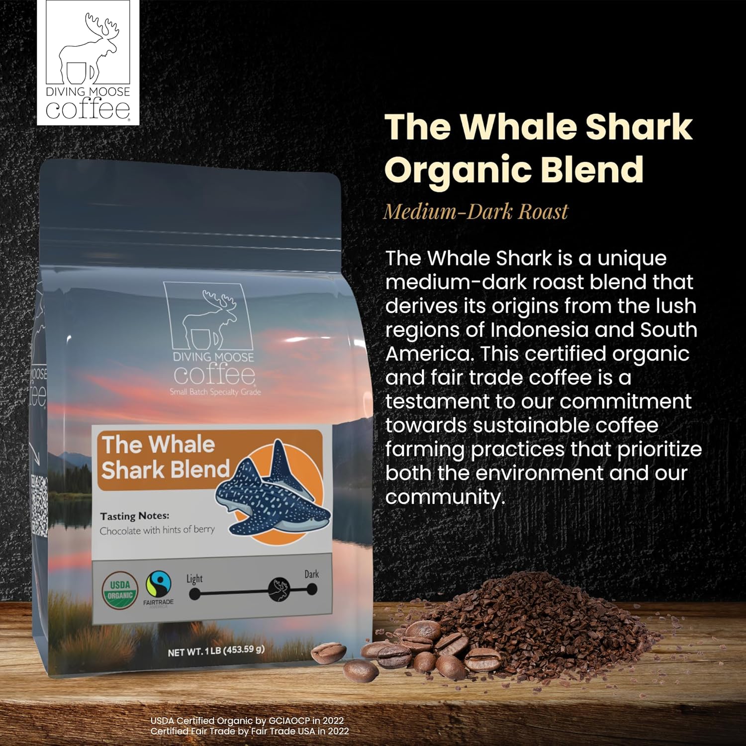 Diving Moose Coffee - The Whale Shark Blend USDA Organic Medium Dark Roast (16oz / 1 LB) - Chocolate Berries Specialty Grade Small-Batch Roasted to Order Smooth Not Bitter