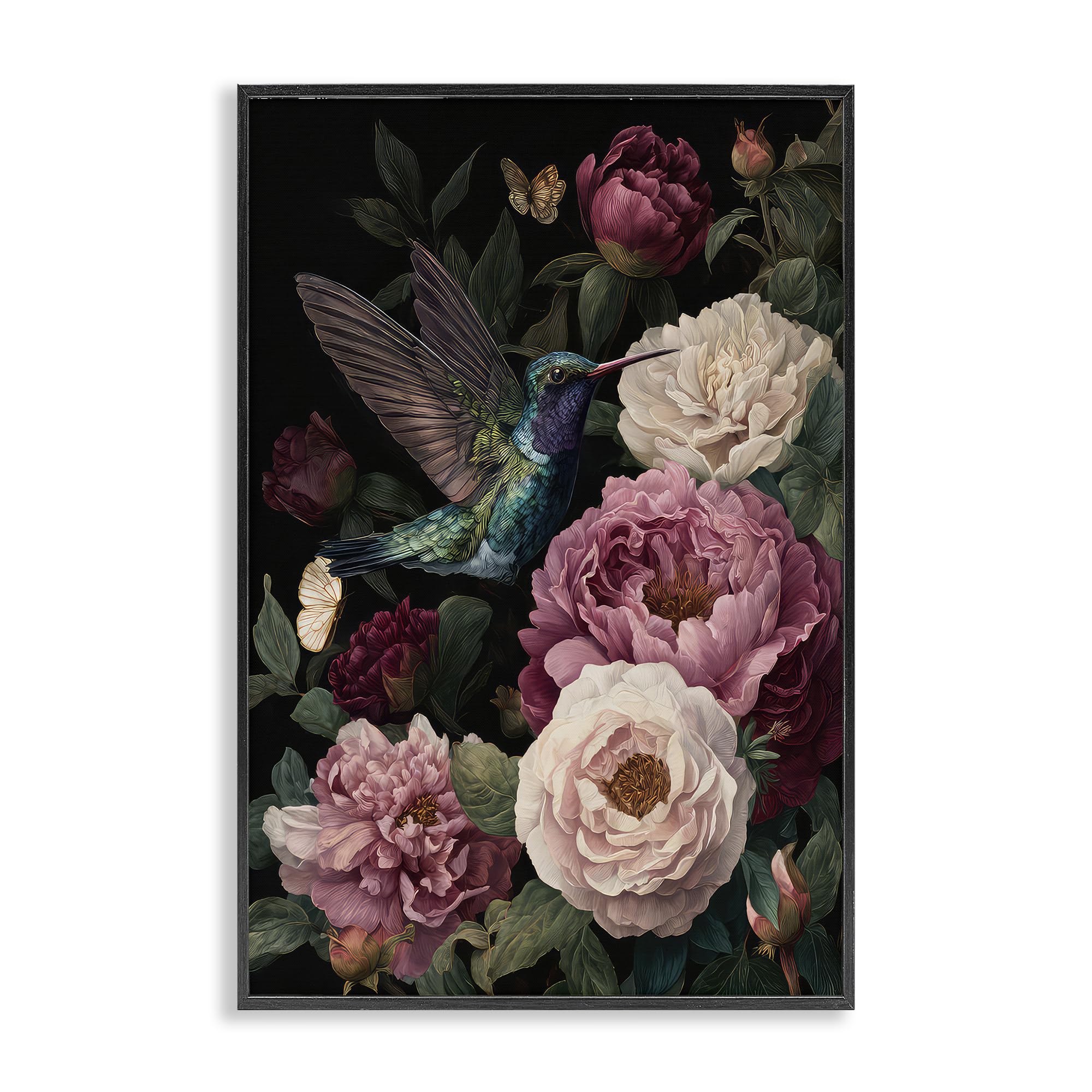 Stupell Industries Midnight Black (Textured) 'Hummingbird & Lush Peonies'| Framed Giclee Art
