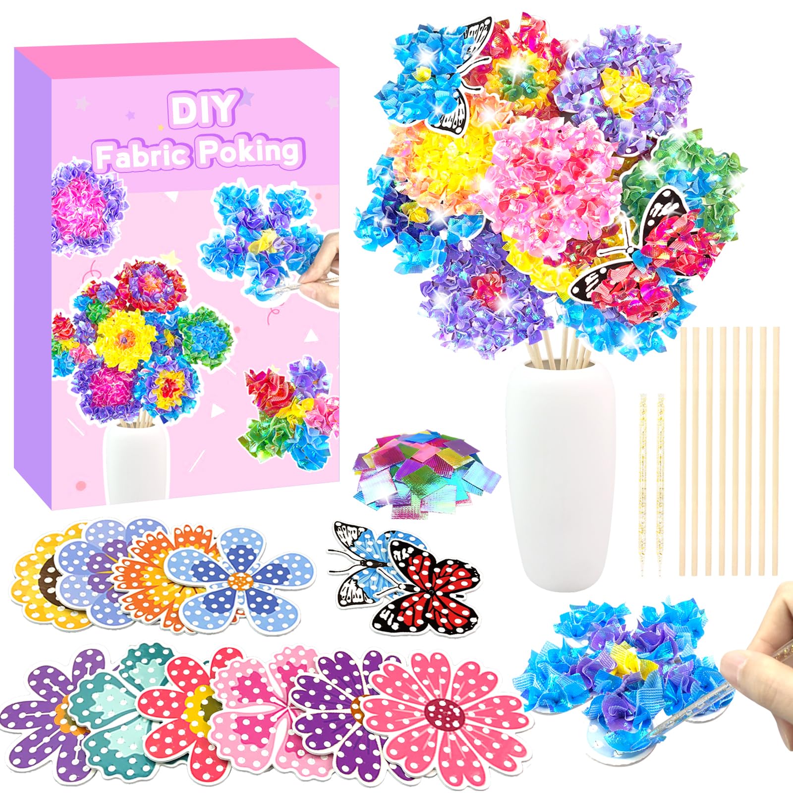 KIFHCMPR Poke in Fun Art Flower Bouquet Craft Kits for Kids,with 10 Flowers &amp; 2 Butterflies,Arts and Crafts,Mess-Free Craft,DIY Art Activity Birthday Gifts Ideas for Girls &amp; Boys Ages 4-10+