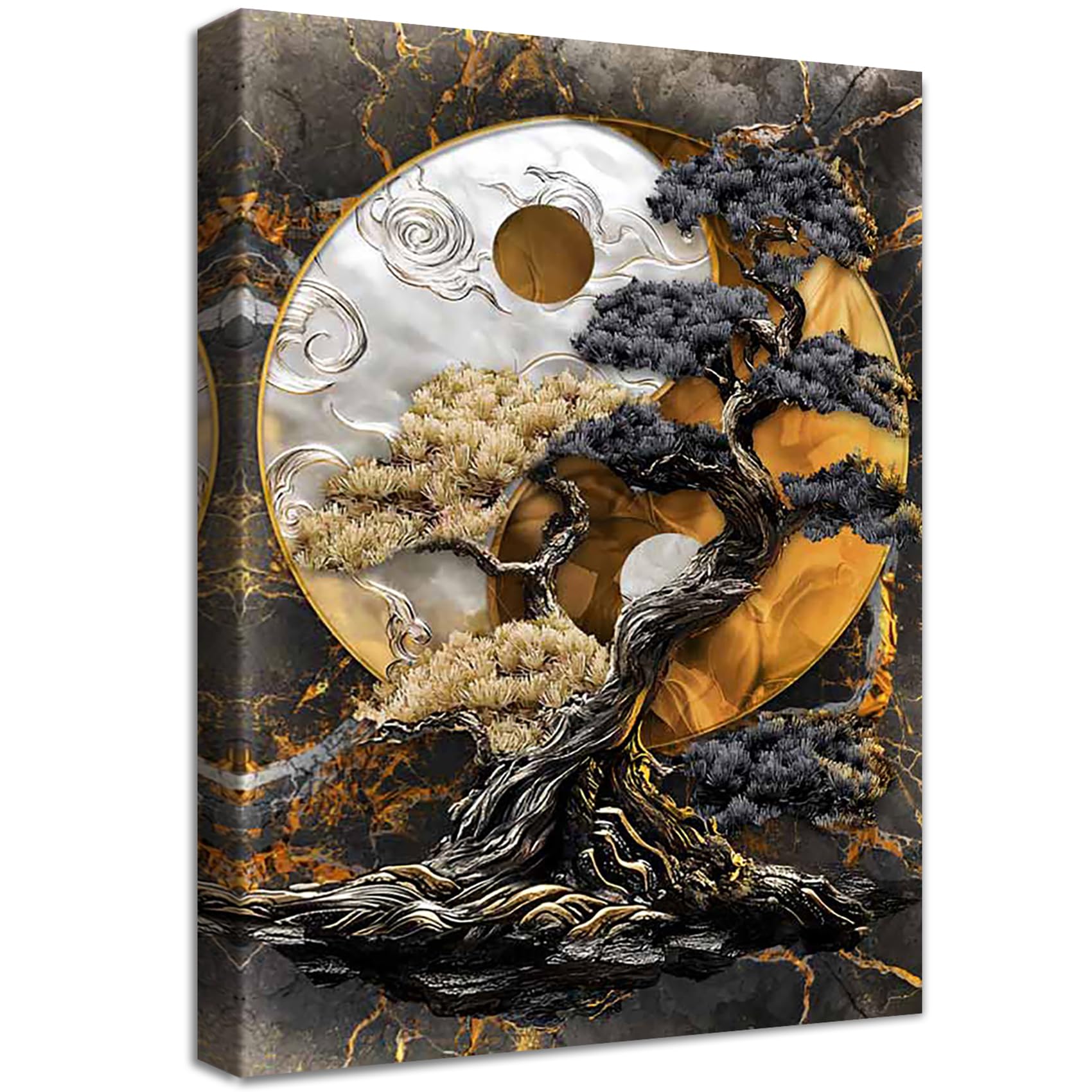 Wooden Framed Canvas Wall Art Qian Kun Yin Yang Tree Painting on Canvas Prints Poster Black Brown Silver Marble Cameo Pictures for Living Room Bedroom Home Office Hallway Corridor Wall Decor 40x60cm
