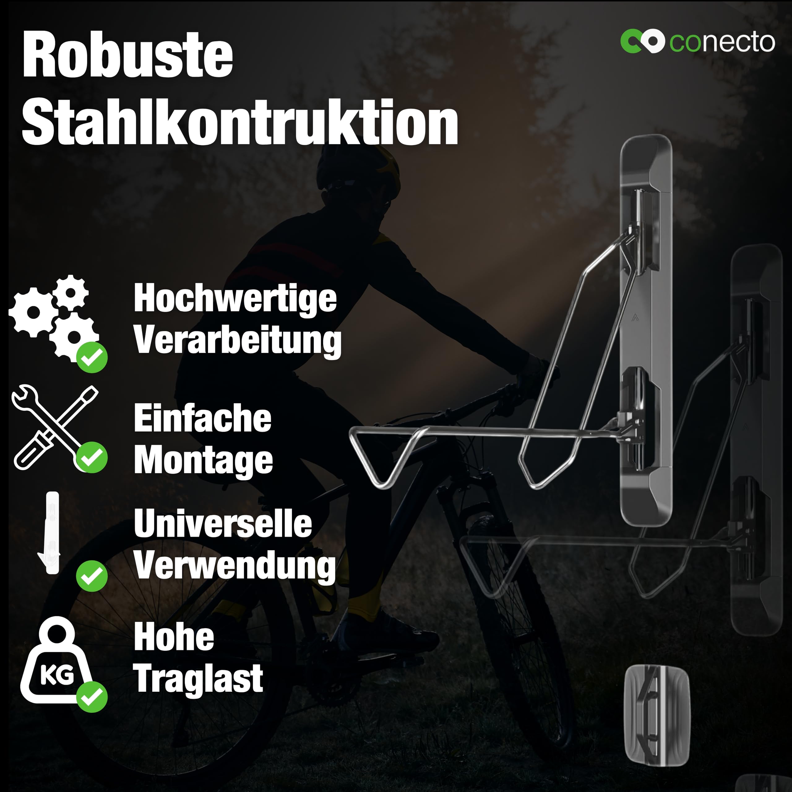 conecto Fahrrad Wandhalterung, Fahrradhalterung, Fahrradhalter, schwenkbar, höhenverstellbar für MTB, E-Bike bis 35 kg, Fahrradwandhalterung, Fahrrad Aufhängung Keller Garage Wand, Schwarz