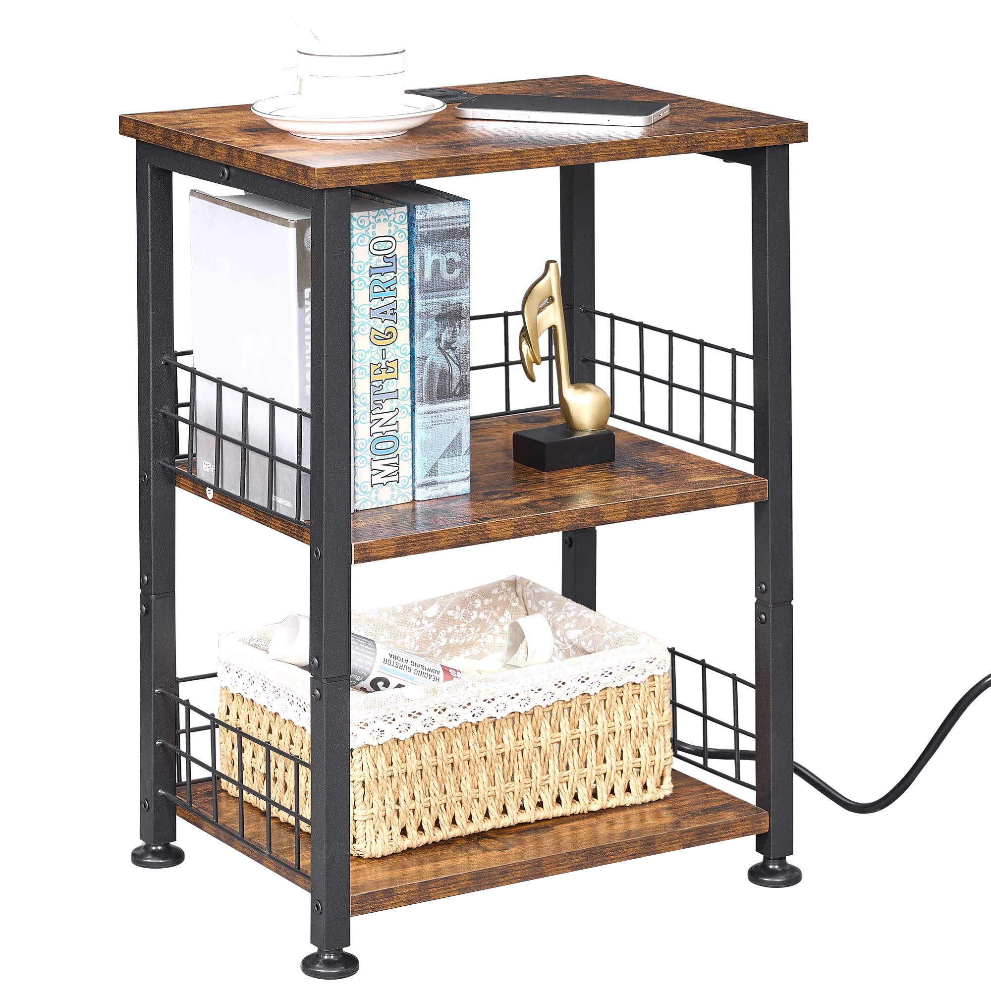 BEWISHOME Rolling End Table with Wheels, Small Side Table with Charging Station & USB and Type C Ports, Industrial Nightstand for Living Room Bedroom, Rustic Brown KTC01Z