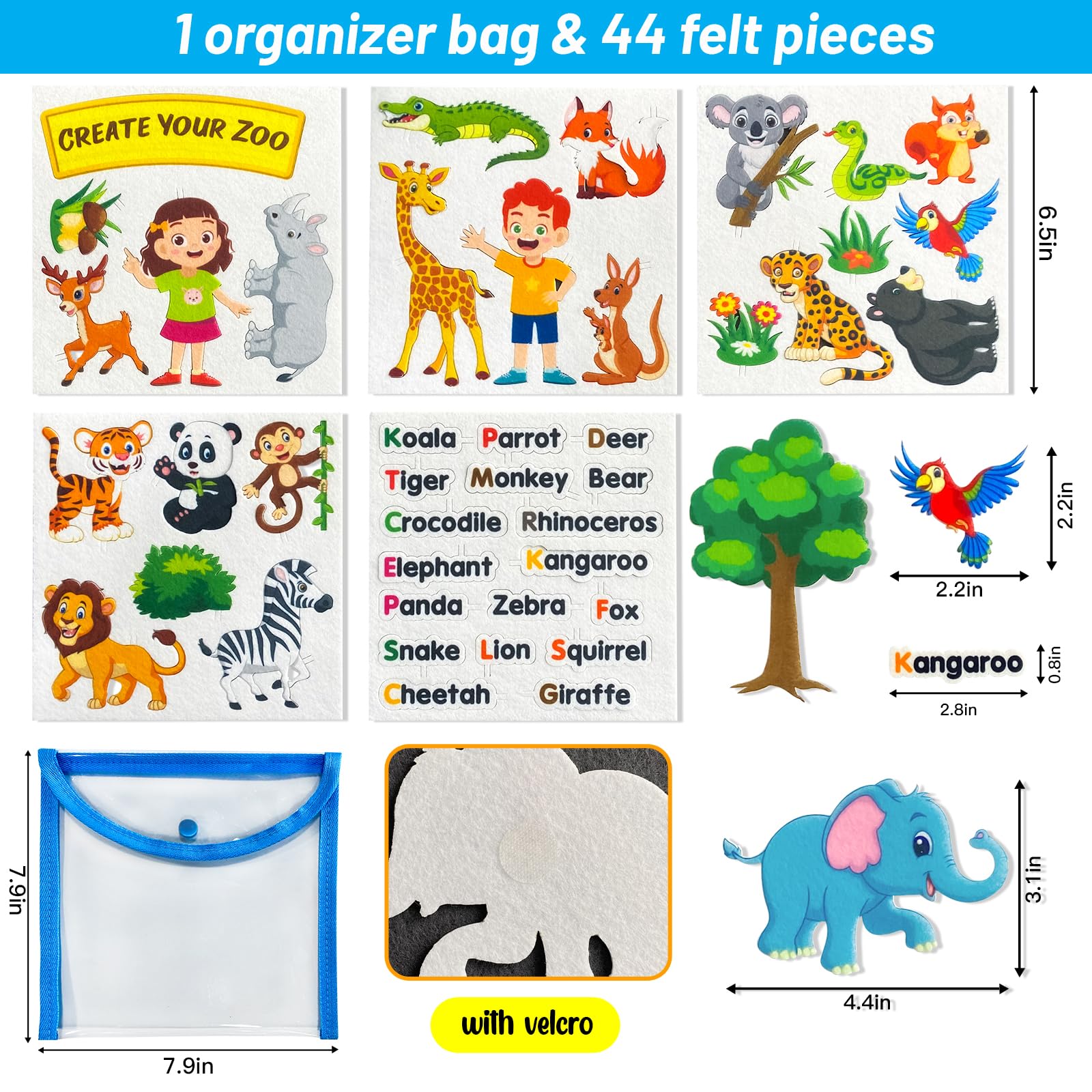 PENGFULL Felt Flannel Board Story Pieces for Toddlers Preschool,Kids Interactive Storytelling Teaching Play Kits for Flannel Board or Felt Board,with Words Felt Pieces(New Zoo)