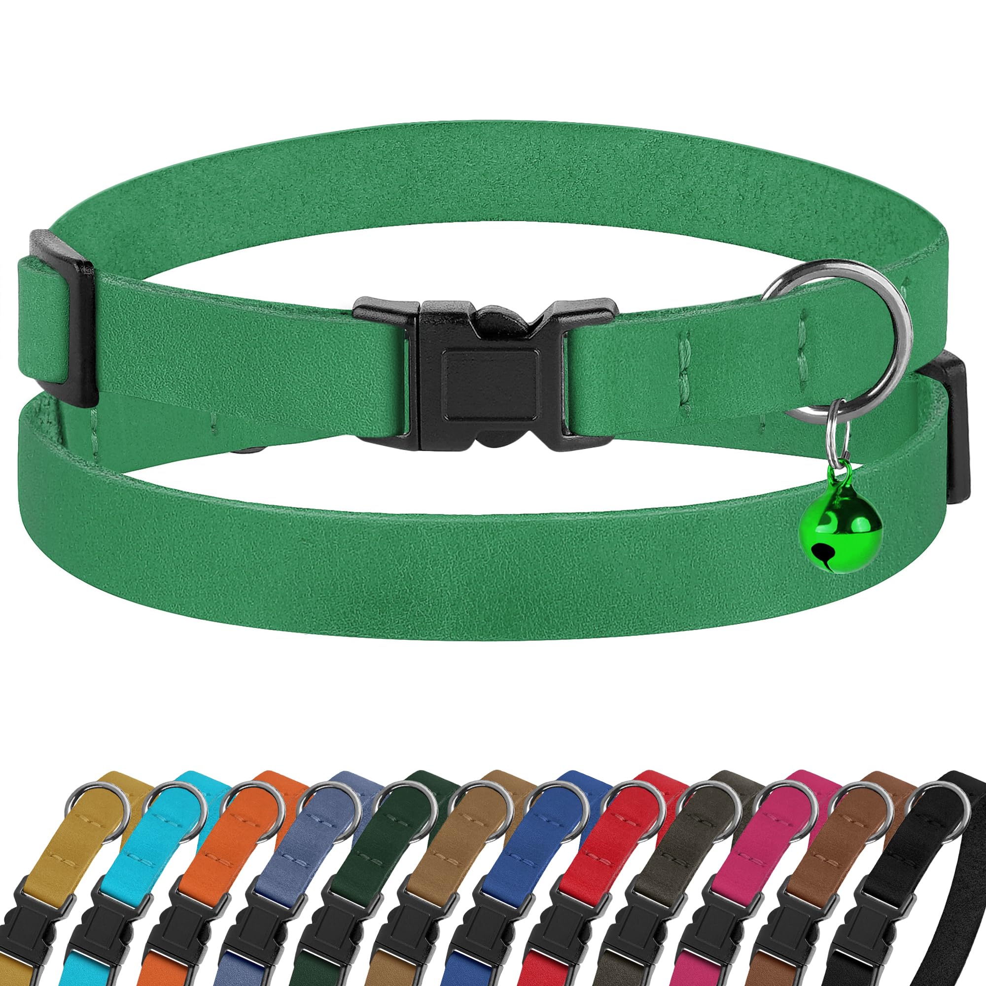 Breakaway Cat Collar Leather with Removable Bell - 13 Colors Available - Soft Adjustable Girl Boy Safety Lightweight Pet Kitten Collars Pink Brown Blue Green Red Orange Black (Green)