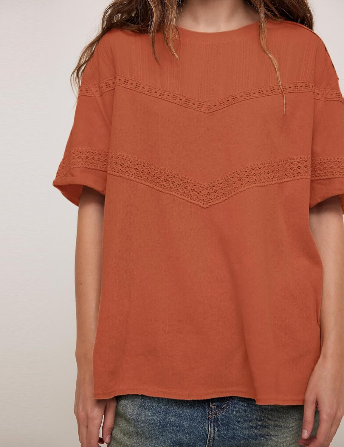 Yidarer Women Summer Oversized Lace Cotton Tops Crew Neck Short Sleeve Cute Shirts Casual Boho Crochet Blouses - Image 3