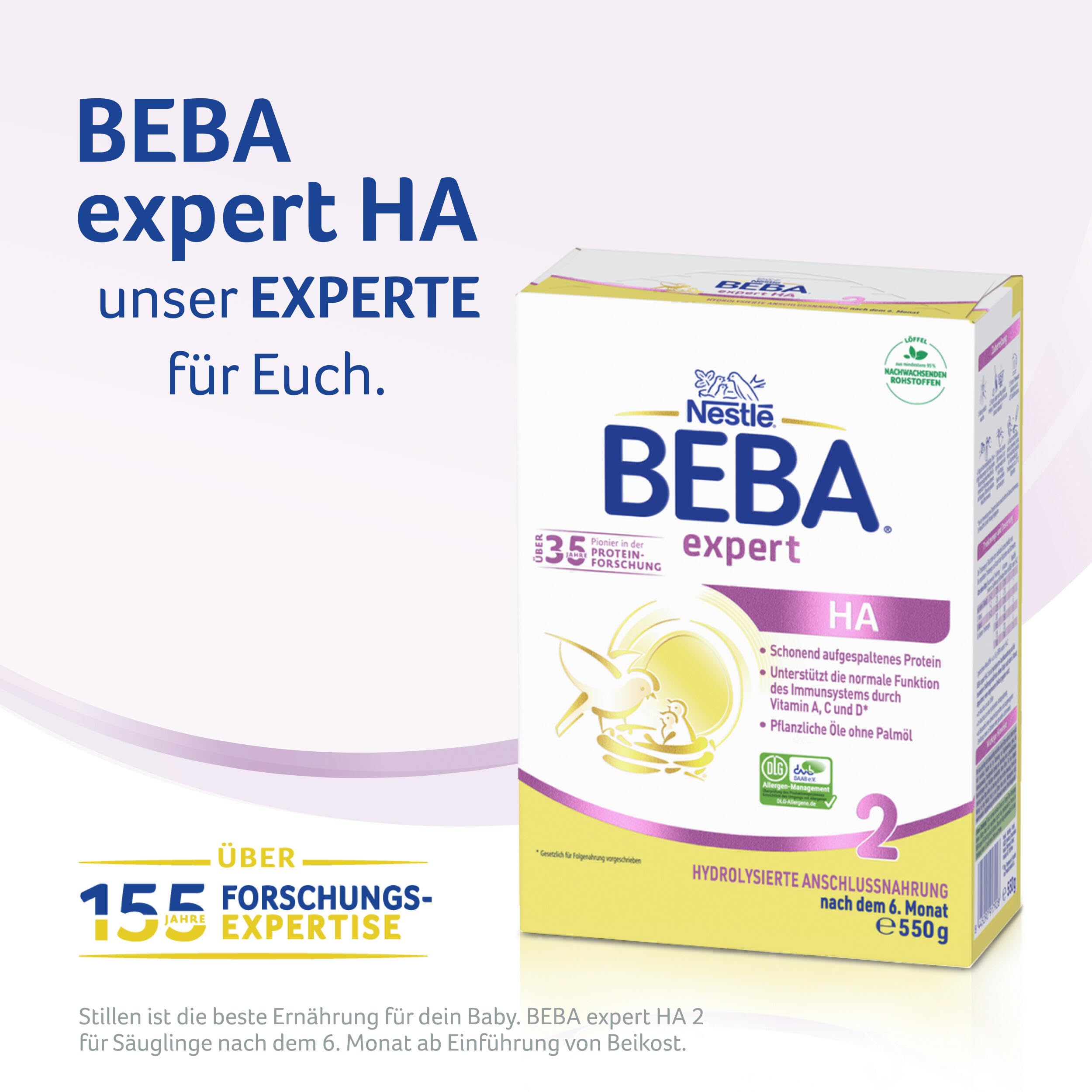 BEBA expert HA 2 - Folgemilch nach dem 6. Monat, Hydrolysierte Anschlussnahrung, Patentierets Produkt, Nur Laktose, Ohne Palmöl, Ohne Fischöl, Babynahrung, Baby-Milchpulver, 6er Pack (6 x 550g)
