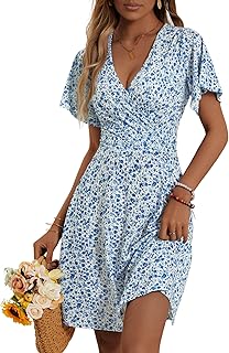 Womens Sundress Summer Floral Short Sleeve Wrap V Neck A-Line Midi Dress - Buy now