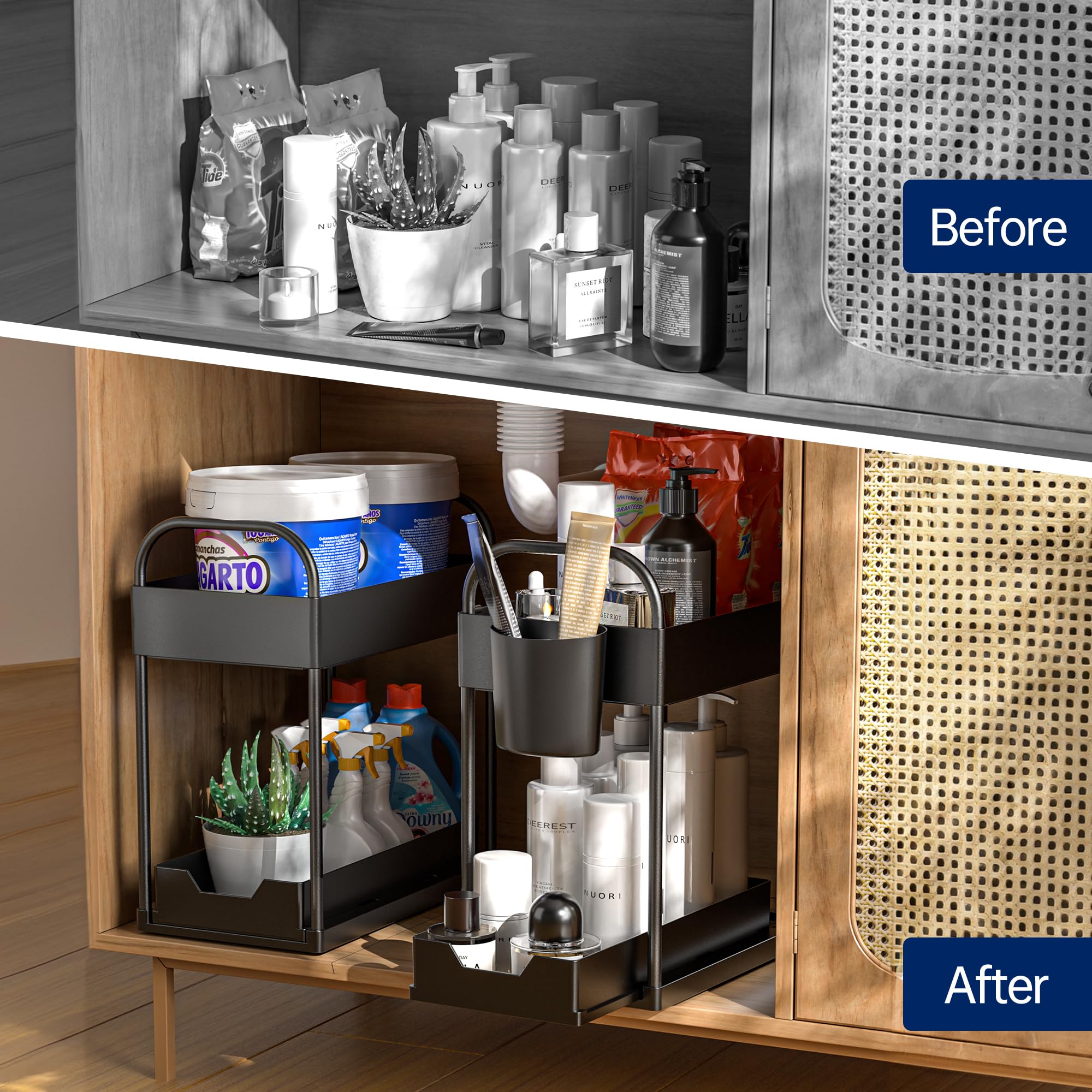 Rangeent Sous L'évier - DILEASIR Under Sink Organizer Black Under Sink Shelf With 8 Hooks And 4