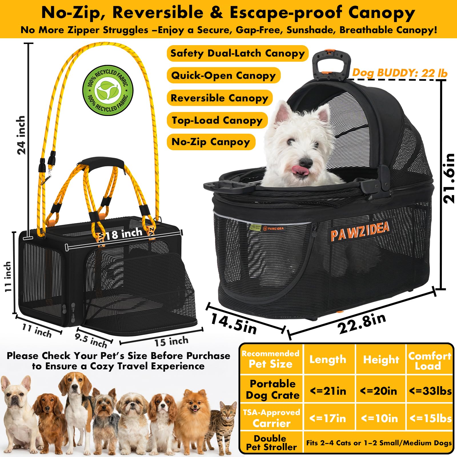 PAWZIDEA Double Pet Stroller with 2 Detachable Carrier, Lightweight Portable Travel Crate & Car Seat Combo & TSA-Approved Expandable Carrier, Foldable Jogger Stroller for 2–4 Cats or Small/Medium Dogs - image 8